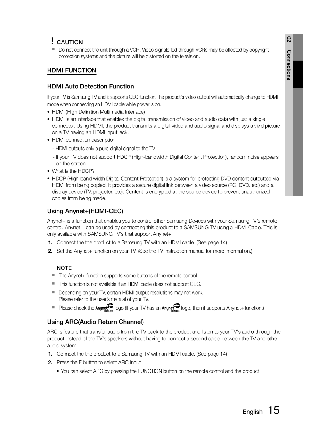 Samsung MM-E460D/XE manual Hdmi Auto Detection Function, Using Anynet+HDMI-CEC, Using ARCAudio Return Channel 