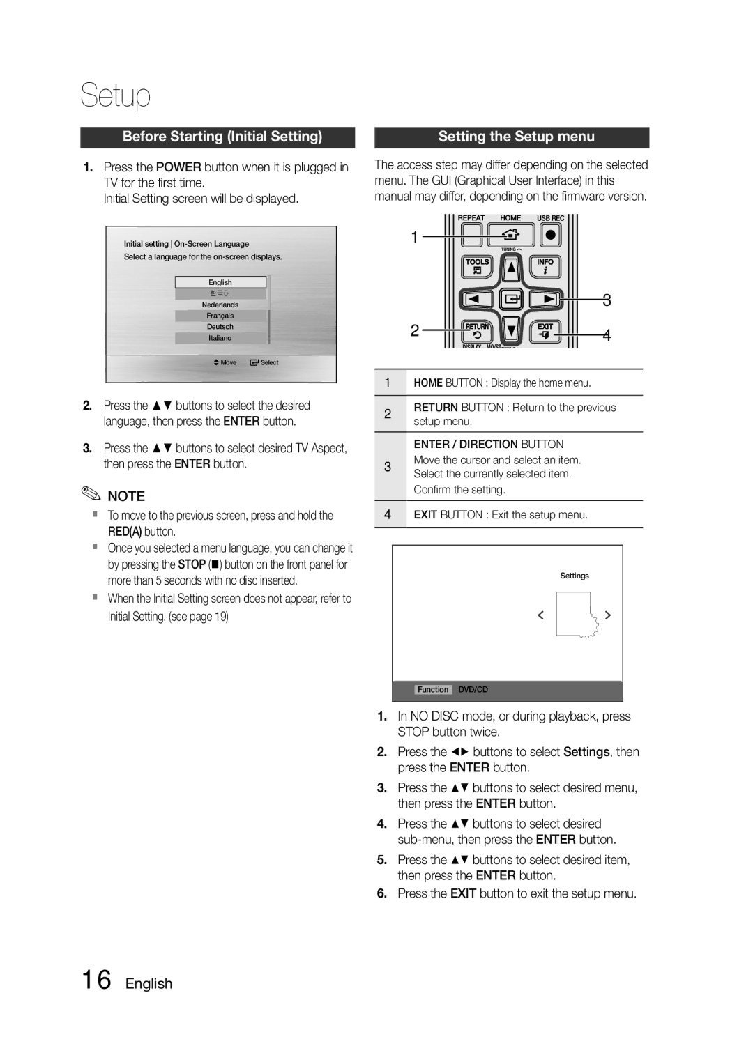 Samsung MM-E460D/XE Setup, Before Starting Initial Setting, Enter / Direction Button, Exit Button Exit the setup menu 