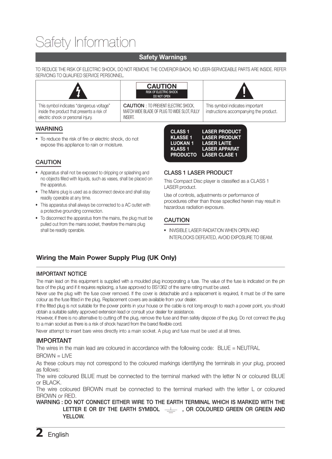 Samsung MM-E460D/XE manual Safety Information, Safety Warnings, English, Class 1 Laser Product, Important Notice 