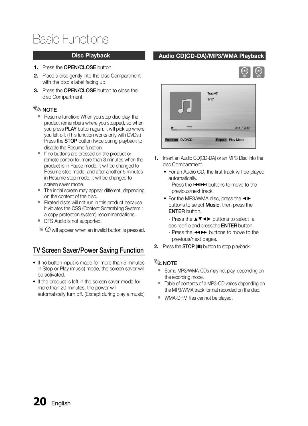 Samsung MM-E460D/XE manual Basic Functions, Disc Playback, Audio CDCD-DA/MP3/WMA Playback 