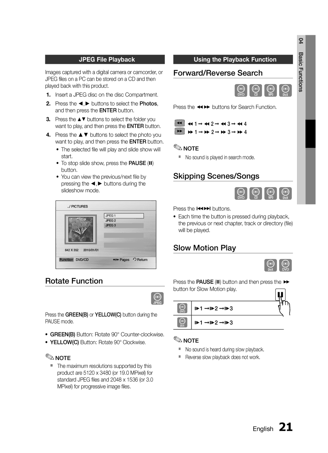 Samsung MM-E460D/XE manual Rotate Function, Forward/Reverse Search, Skipping Scenes/Songs, Slow Motion Play 