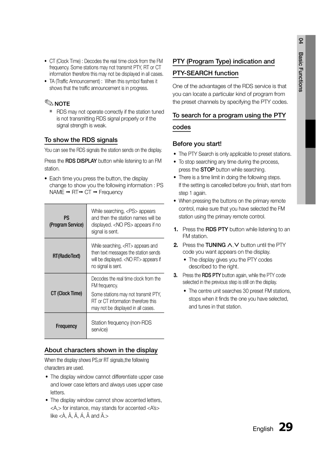 Samsung MM-E460D/XE manual To show the RDS signals, About characters shown in the display 