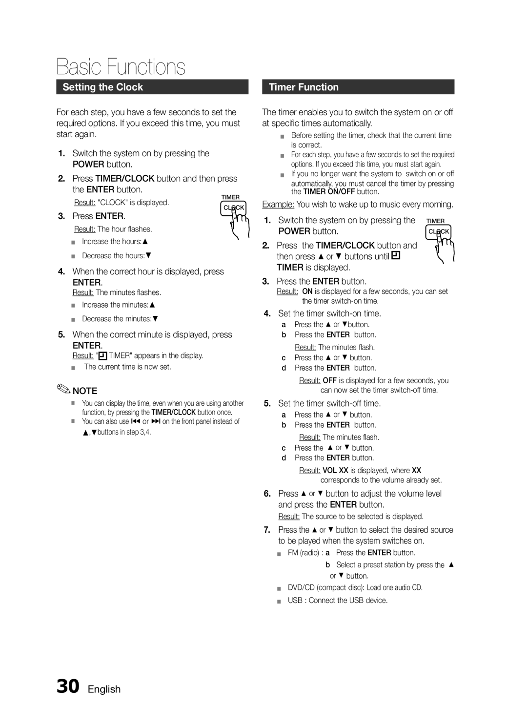 Samsung MM-E460D/XE manual Setting the Clock, Timer Function, Enter 