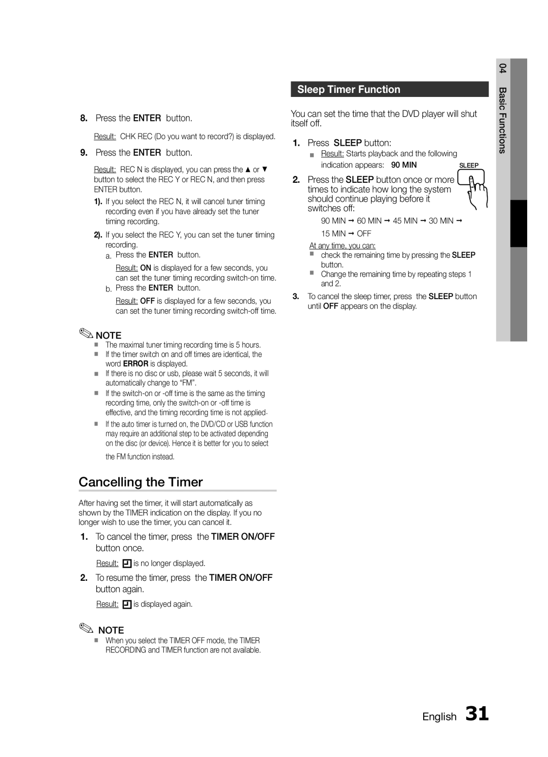 Samsung MM-E460D/XE Cancelling the Timer, Sleep Timer Function, To cancel the timer, press the Timer ON/OFF button once 