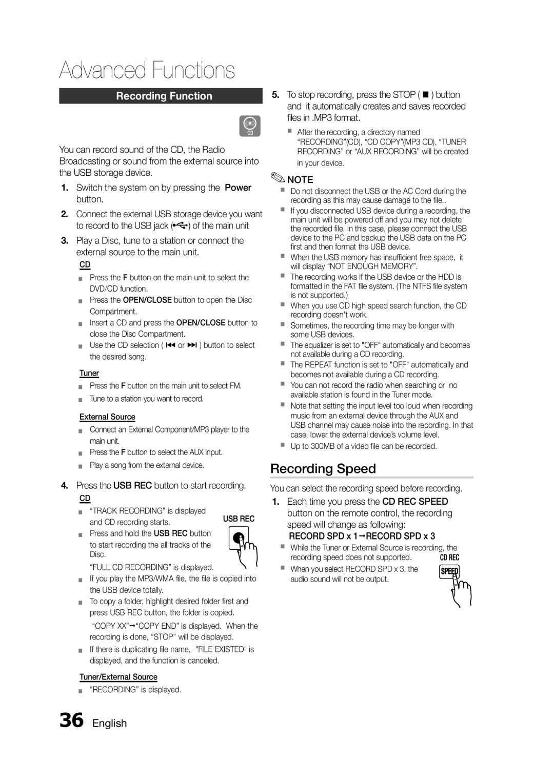 Samsung MM-E460D/XE manual Recording Speed, Recording Function, Press the USB REC button to start recording 