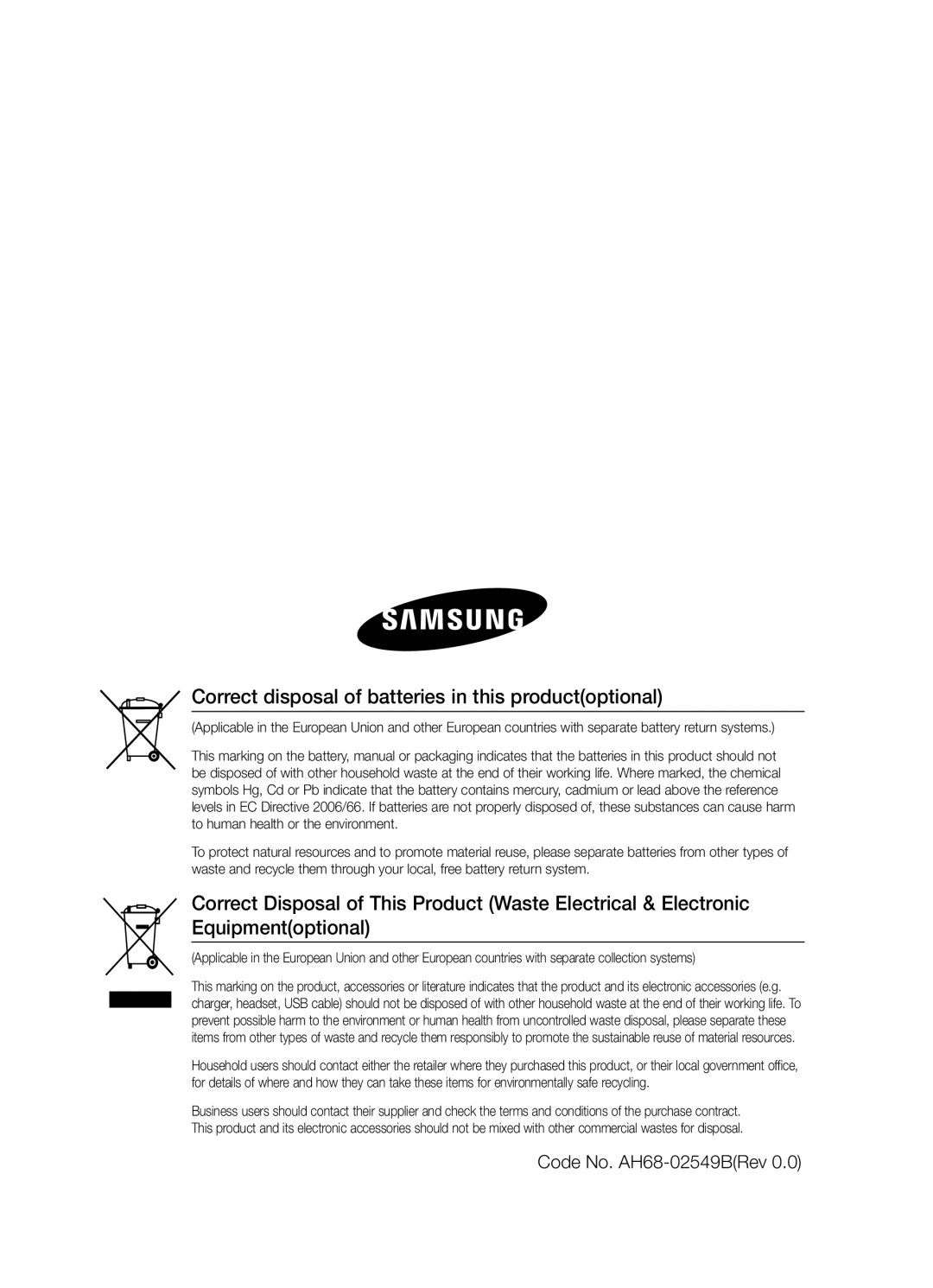 Samsung MM-E460D/XE manual Correct disposal of batteries in this productoptional, Code No. AH68-02549BRev 