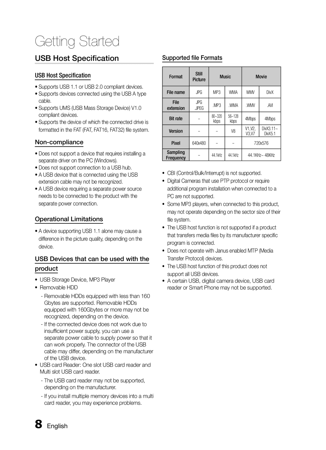 Samsung MM-E460D/XE manual USB Host Specification 