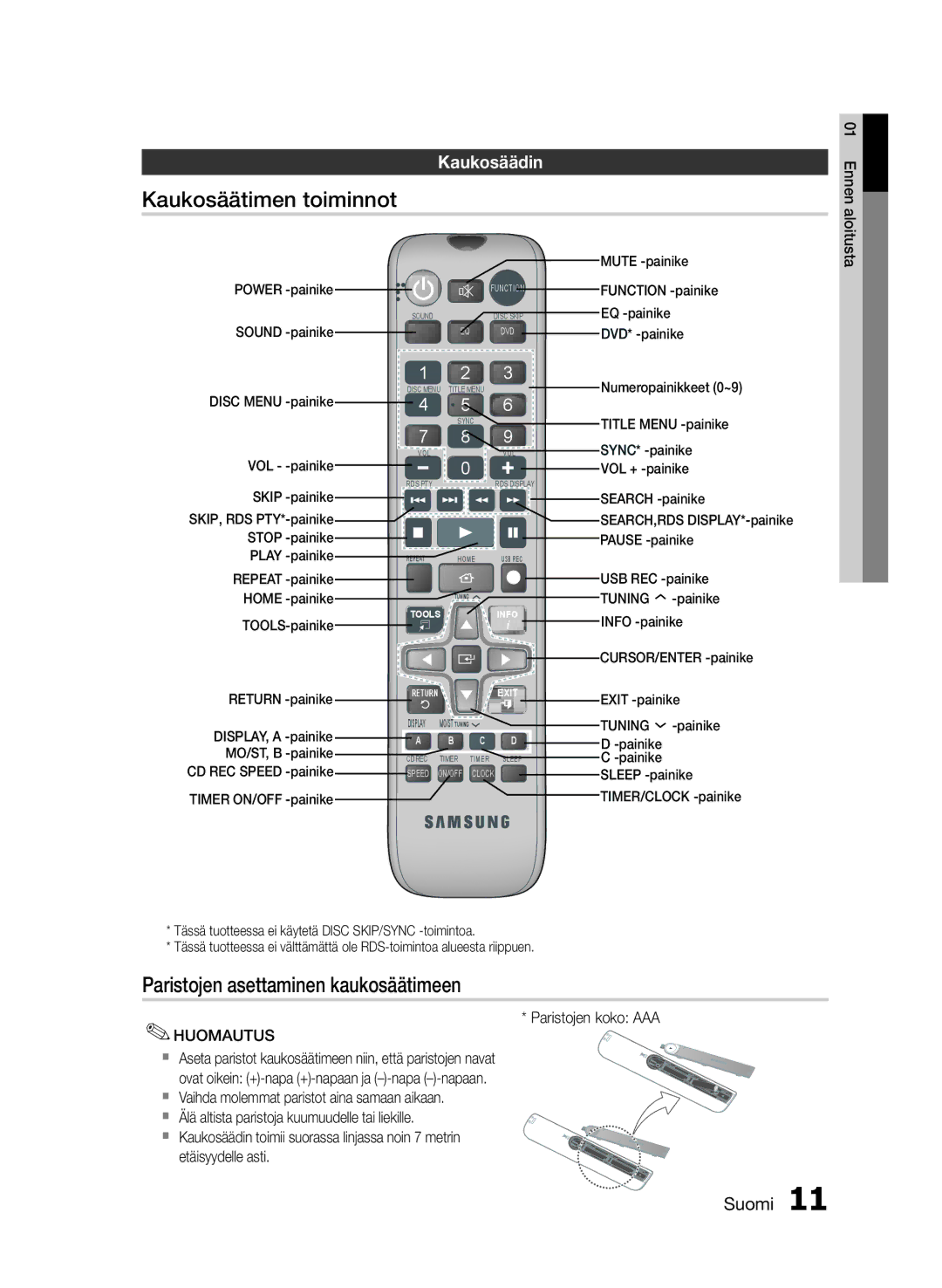 Samsung MM-E460D/XE manual Kaukosäätimen toiminnot, Paristojen asettaminen kaukosäätimeen, Kaukosäädin, Paristojen koko AAA 