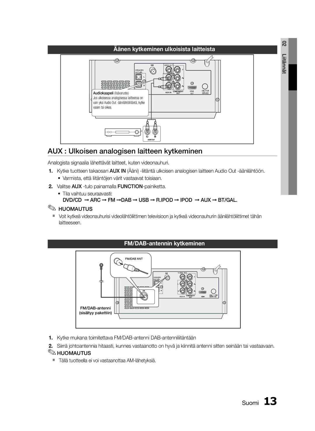 Samsung MM-E460D/XE manual AUX Ulkoisen analogisen laitteen kytkeminen, Äänen kytkeminen ulkoisista laitteista 