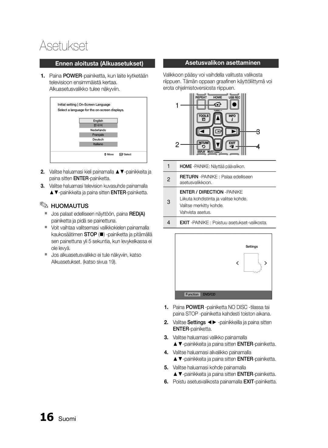 Samsung MM-E460D/XE manual Asetukset, Ennen aloitusta Alkuasetukset, Asetusvalikon asettaminen, Enter / Direction -PAINIKE 