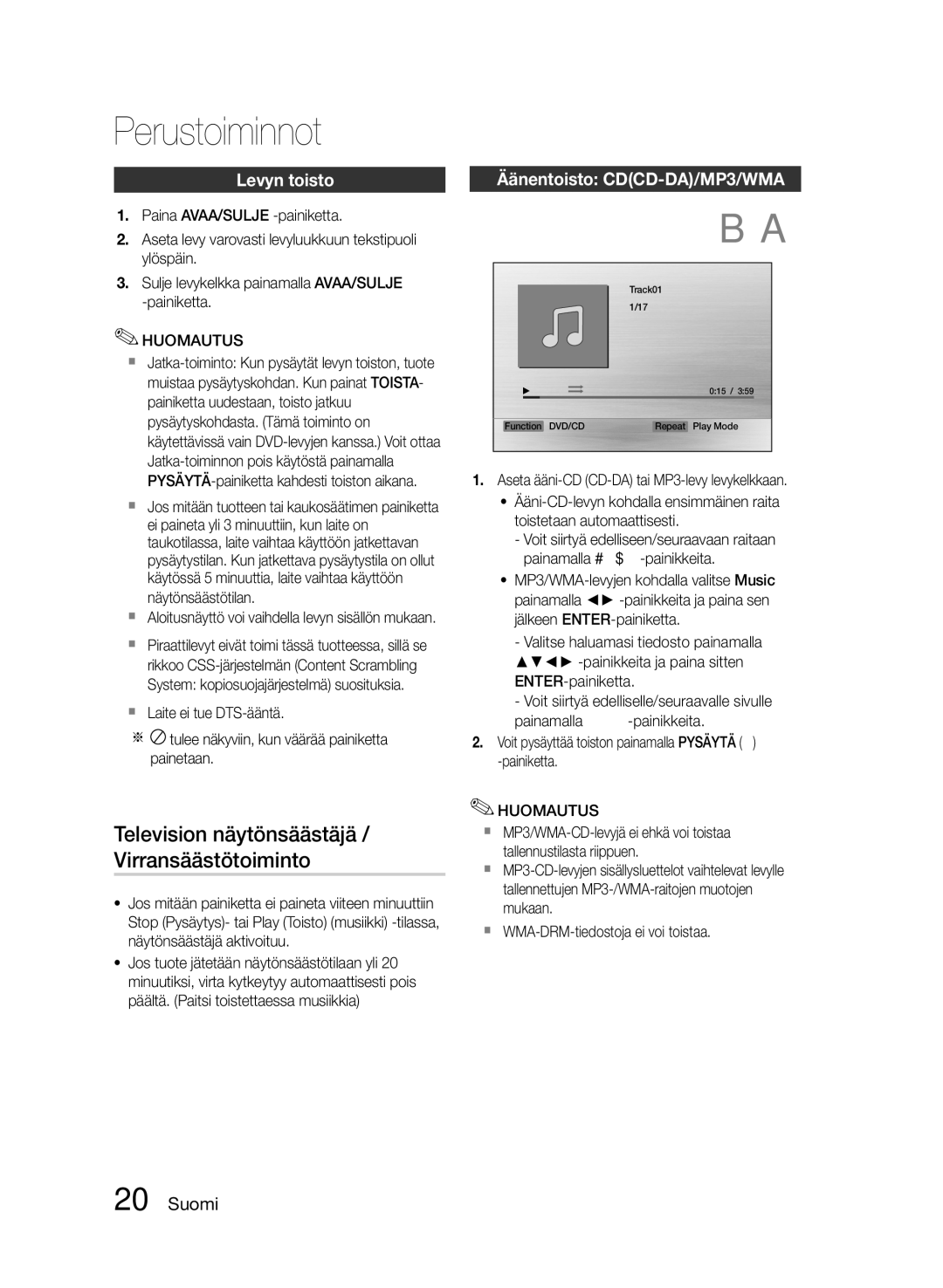 Samsung MM-E460D/XE Perustoiminnot, Television näytönsäästäjä / Virransäästötoiminto, Levyn toisto, Näytönsäästötilan 