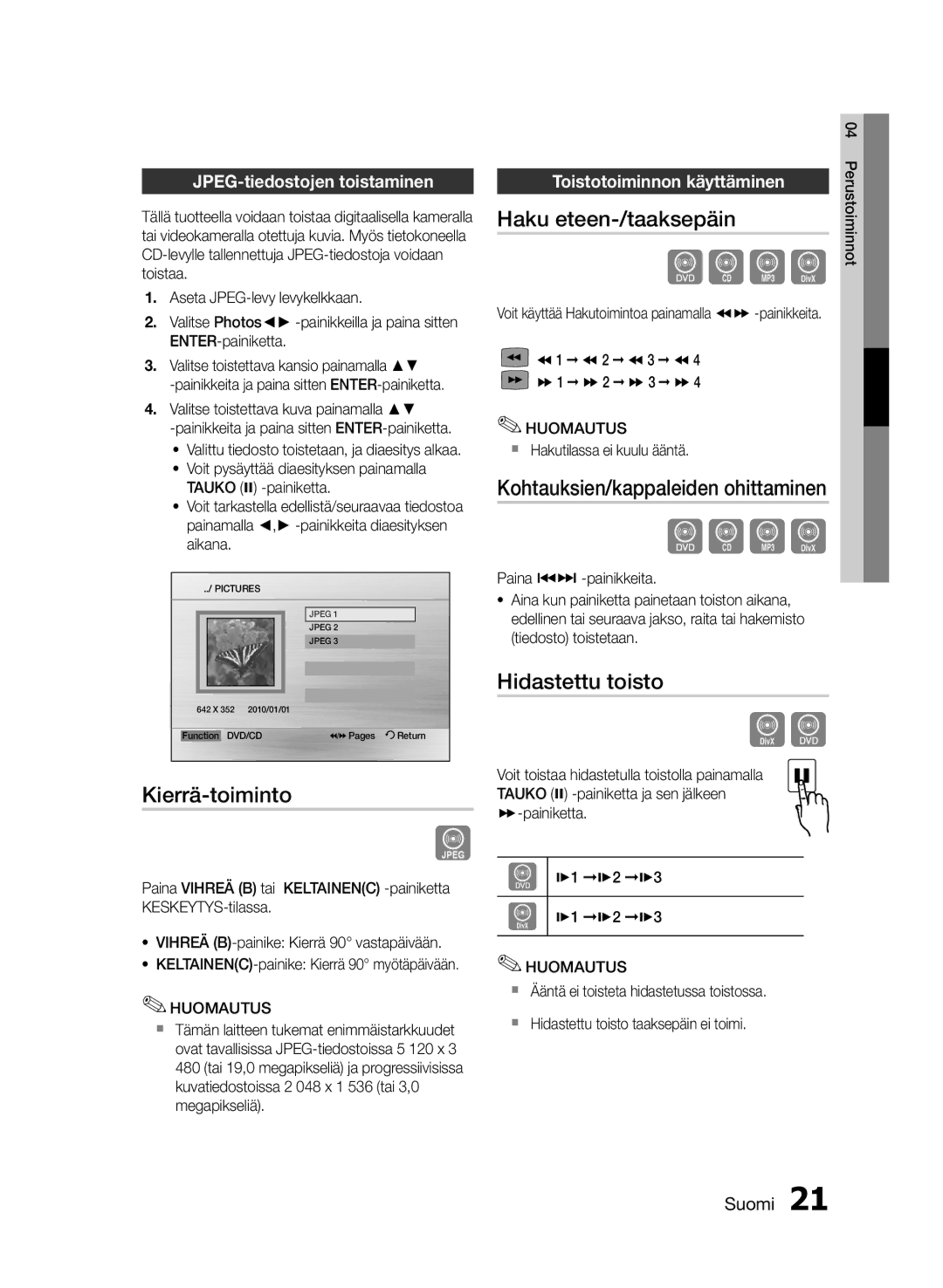 Samsung MM-E460D/XE manual Kierrä-toiminto, Haku eteen-/taaksepäin, Kohtauksien/kappaleiden ohittaminen, Hidastettu toisto 