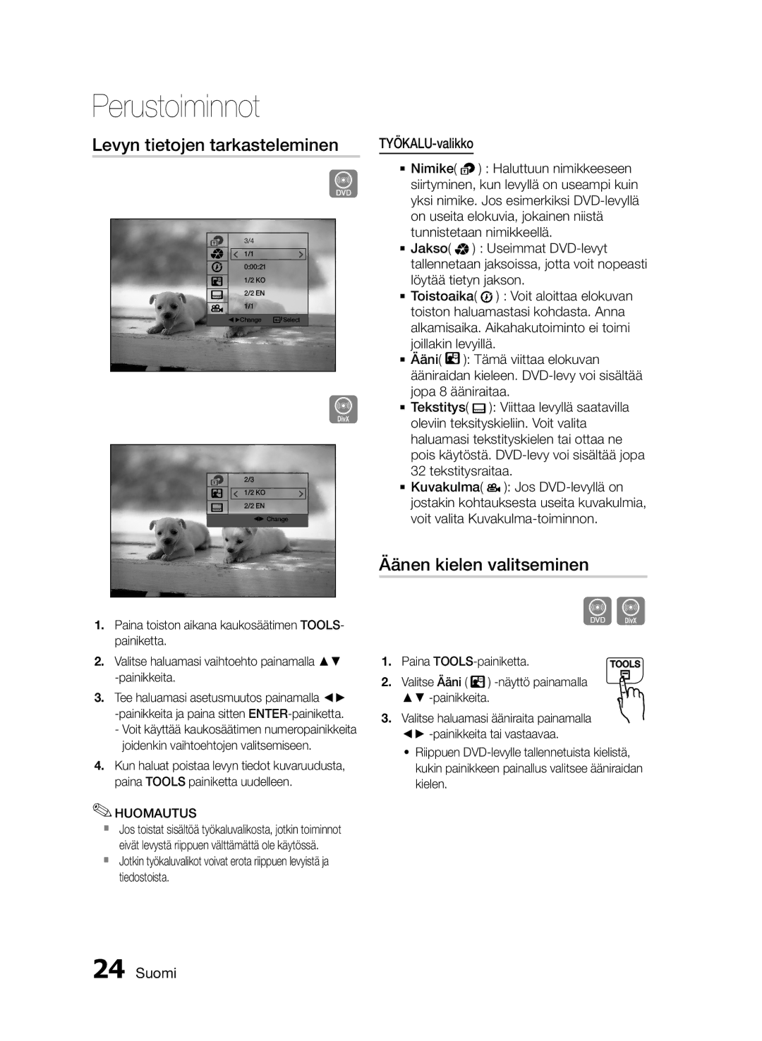 Samsung MM-E460D/XE manual Levyn tietojen tarkasteleminen, Äänen kielen valitseminen 