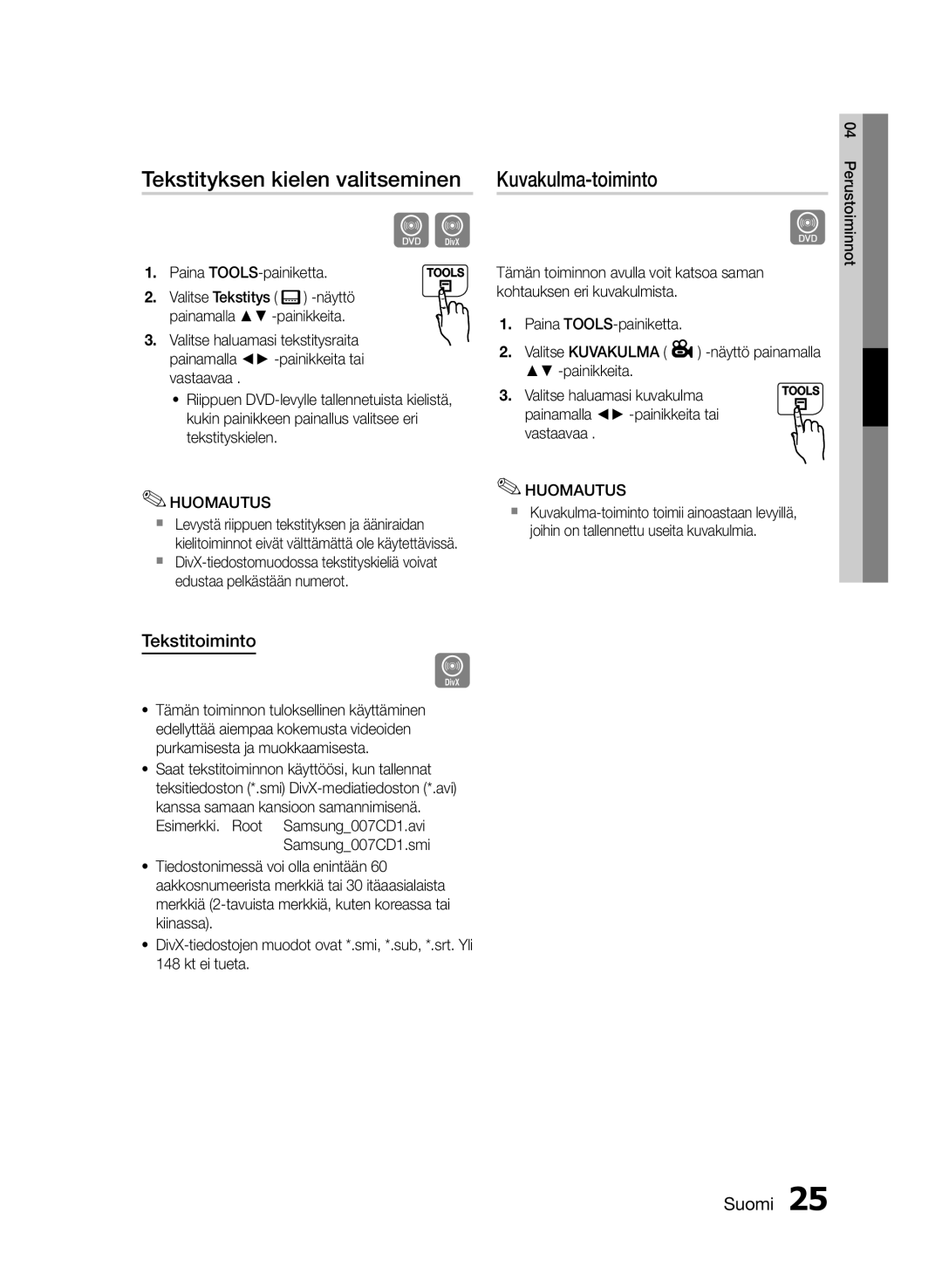 Samsung MM-E460D/XE manual Tekstityksen kielen valitseminen, Kuvakulma-toiminto, Tekstitoiminto 