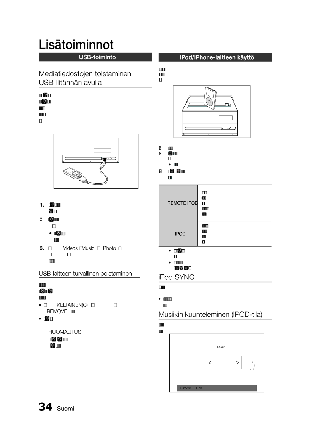 Samsung MM-E460D/XE manual Lisätoiminnot, Mediatiedostojen toistaminen USB-liitännän avulla, IPod Sync 