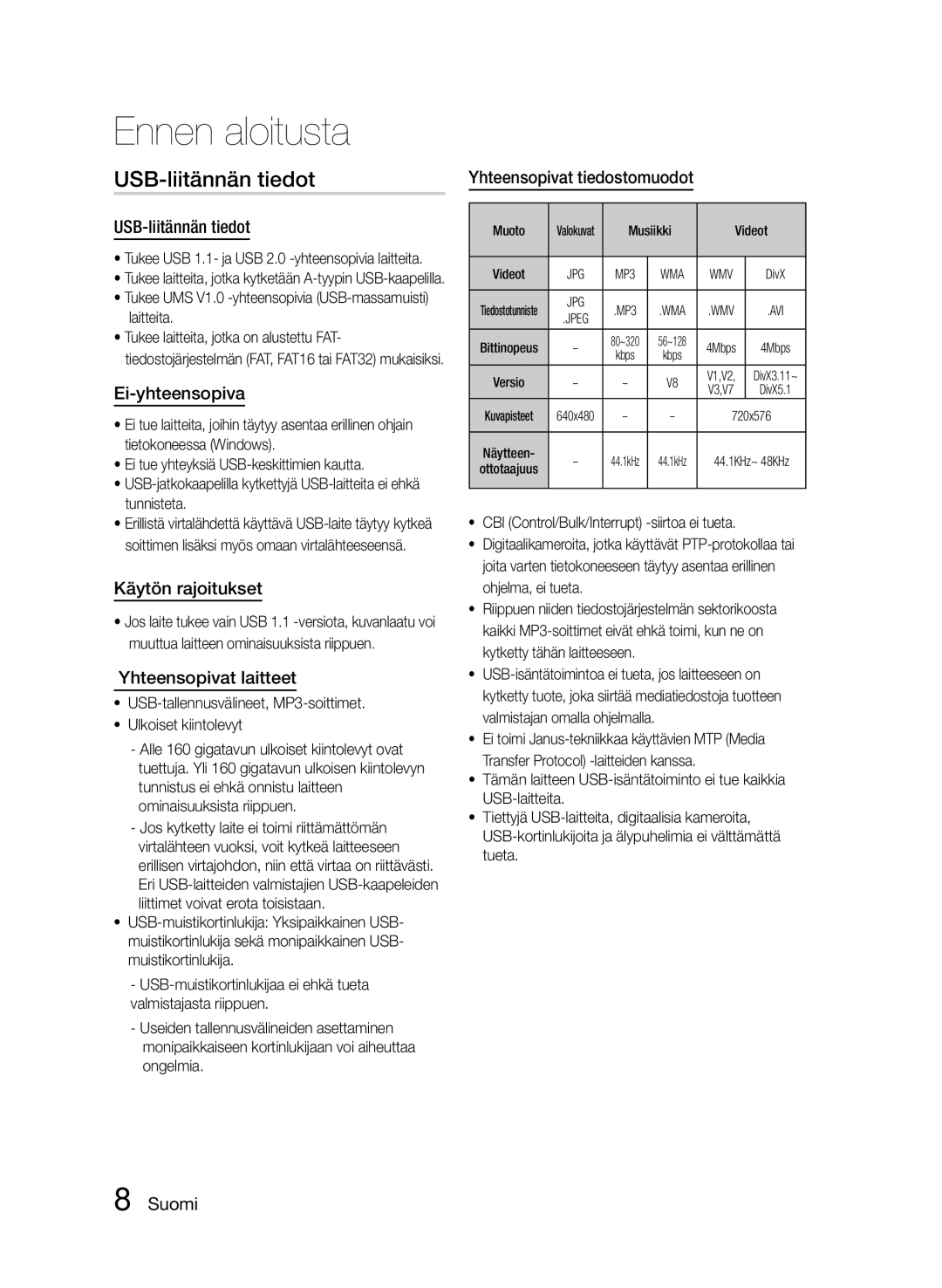 Samsung MM-E460D/XE manual USB-liitännän tiedot 