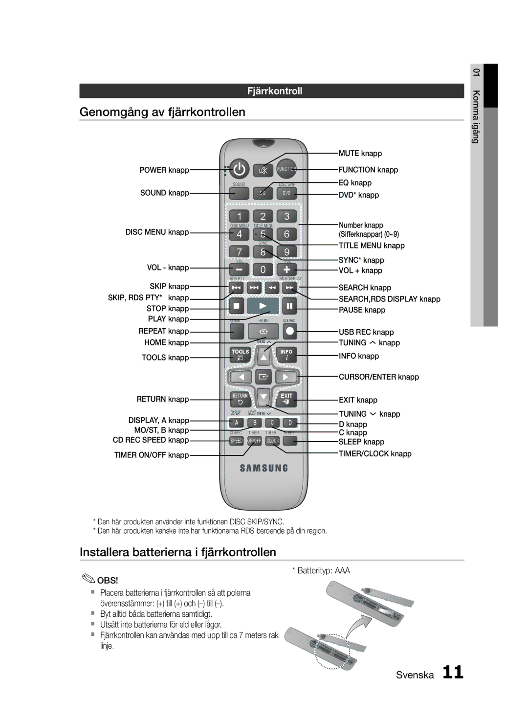 Samsung MM-E460D/XE manual Genomgång av fjärrkontrollen, Installera batterierna i fjärrkontrollen, Fjärrkontroll 