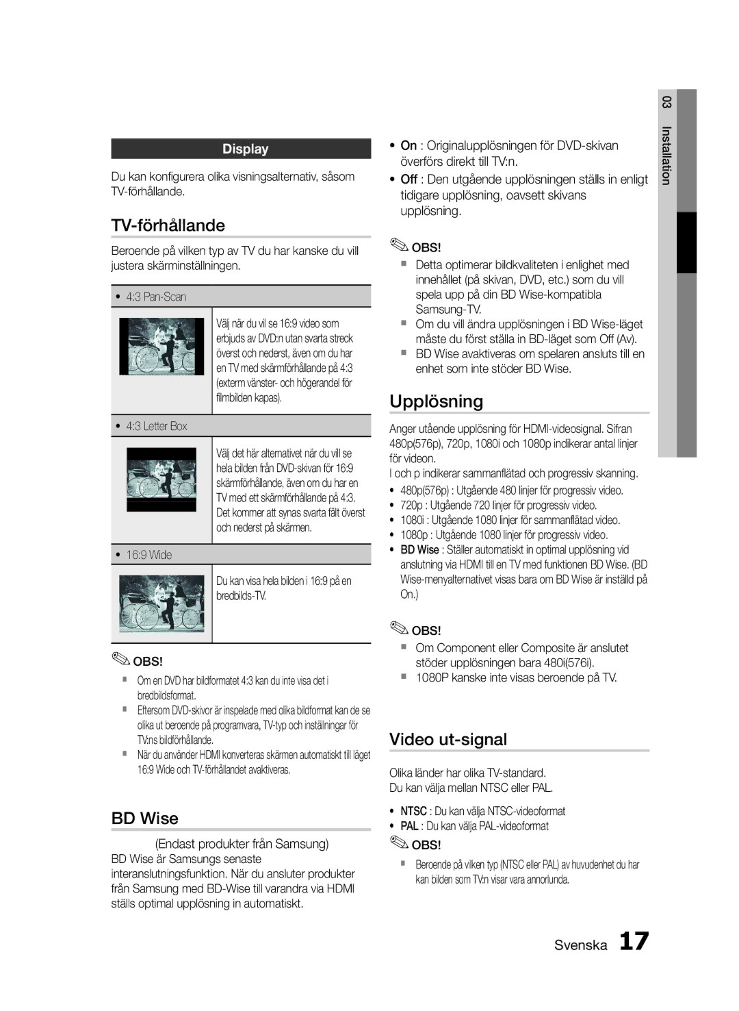 Samsung MM-E460D/XE manual TV-förhållande, BD Wise, Upplösning, Video ut-signal, Display 