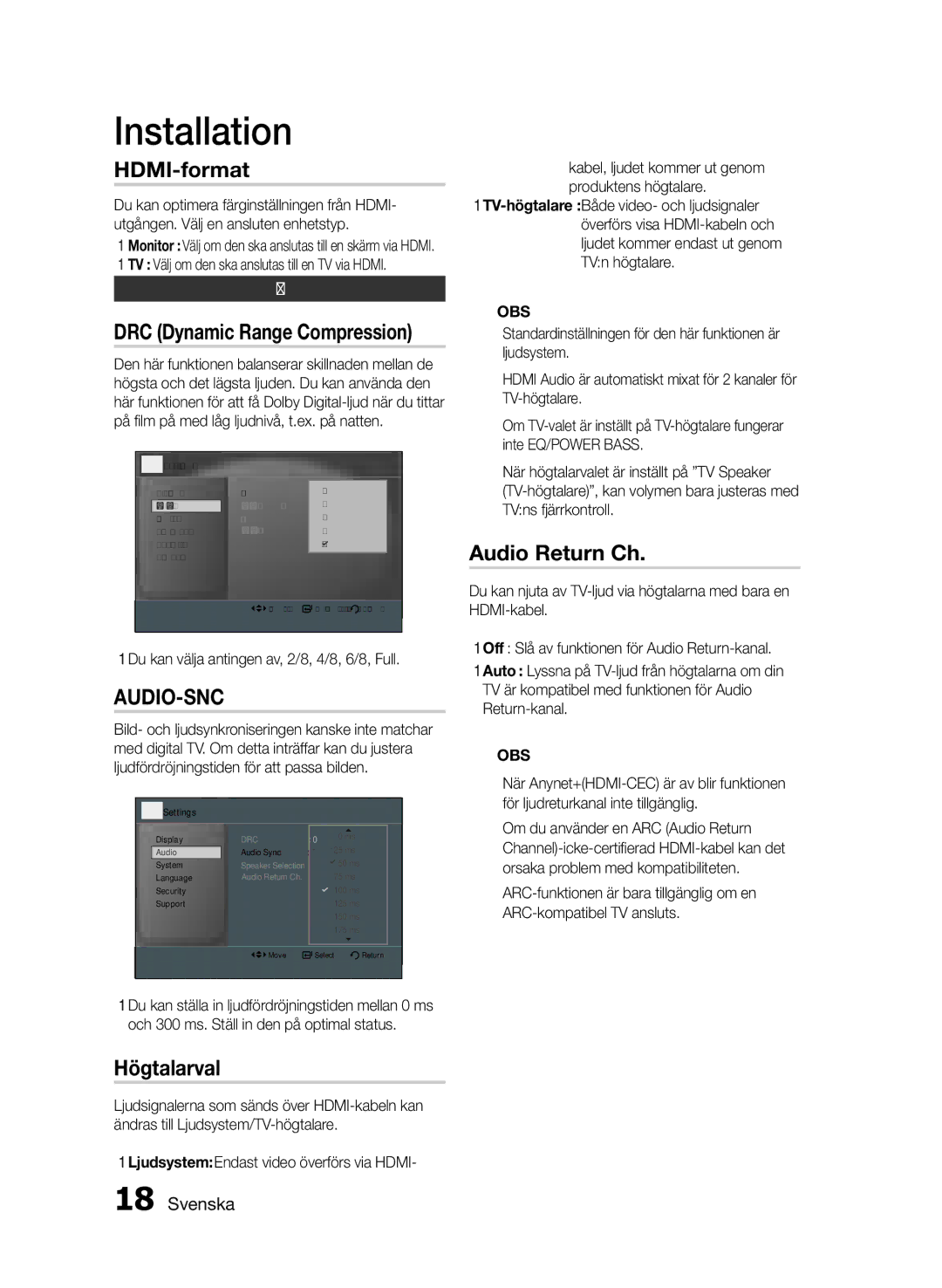 Samsung MM-E460D/XE manual HDMI-format, Högtalarval, Audio Return Ch, Ljud 