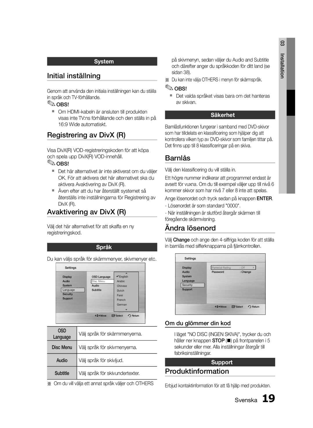 Samsung MM-E460D/XE manual Initial inställning, Registrering av DivX R, Barnlås, Ändra lösenord, Produktinformation 