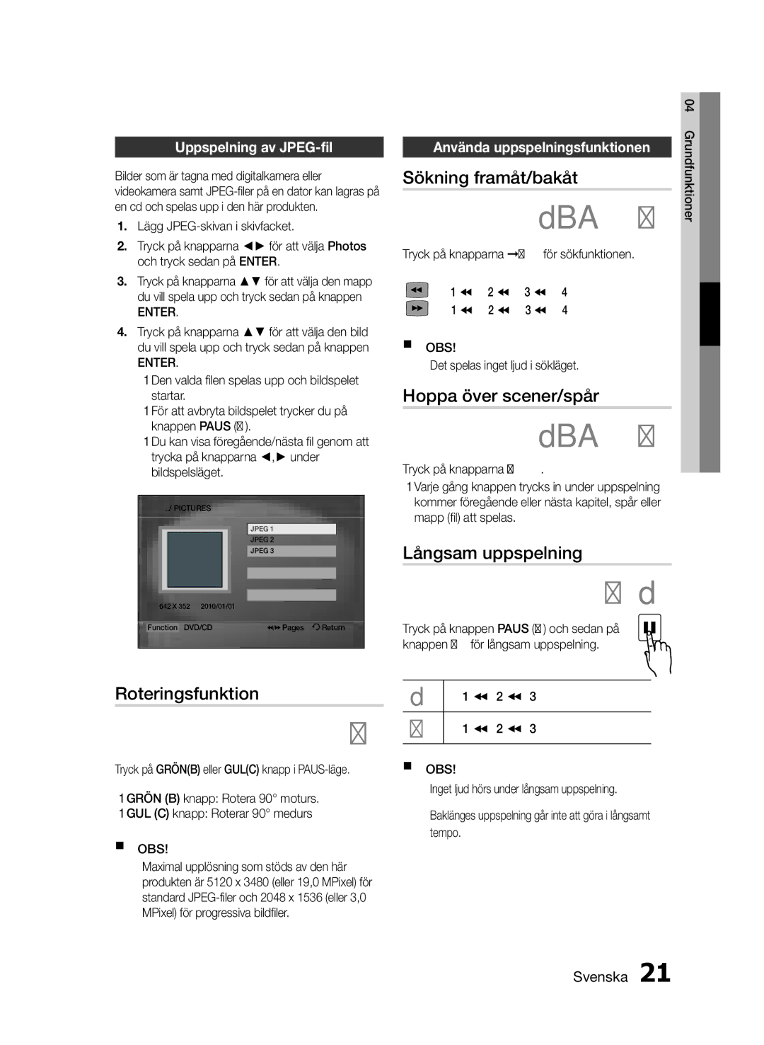 Samsung MM-E460D/XE manual Roteringsfunktion, Sökning framåt/bakåt, Hoppa över scener/spår, Långsam uppspelning 