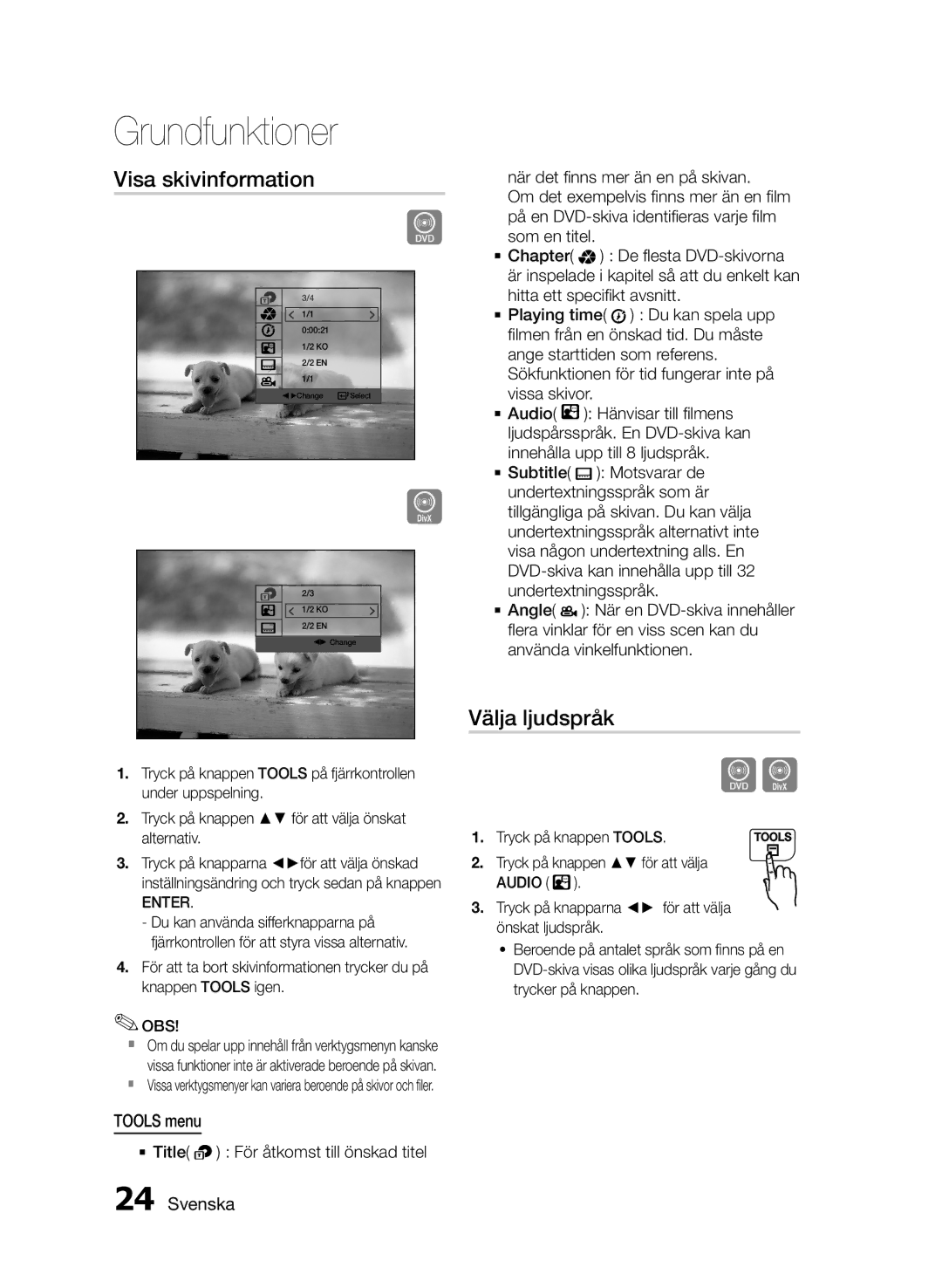 Samsung MM-E460D/XE manual Visa skivinformation, Välja ljudspråk, Tools menu, Audio Enter 