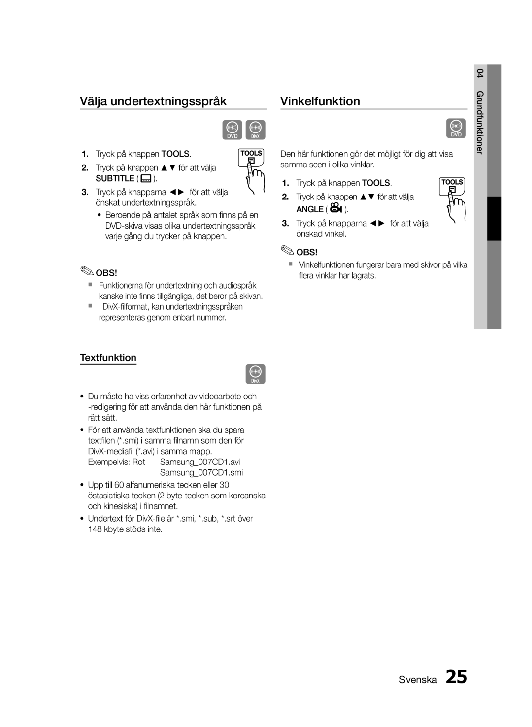 Samsung MM-E460D/XE manual Välja undertextningsspråk, Vinkelfunktion, Textfunktion, Exempelvis Rot 