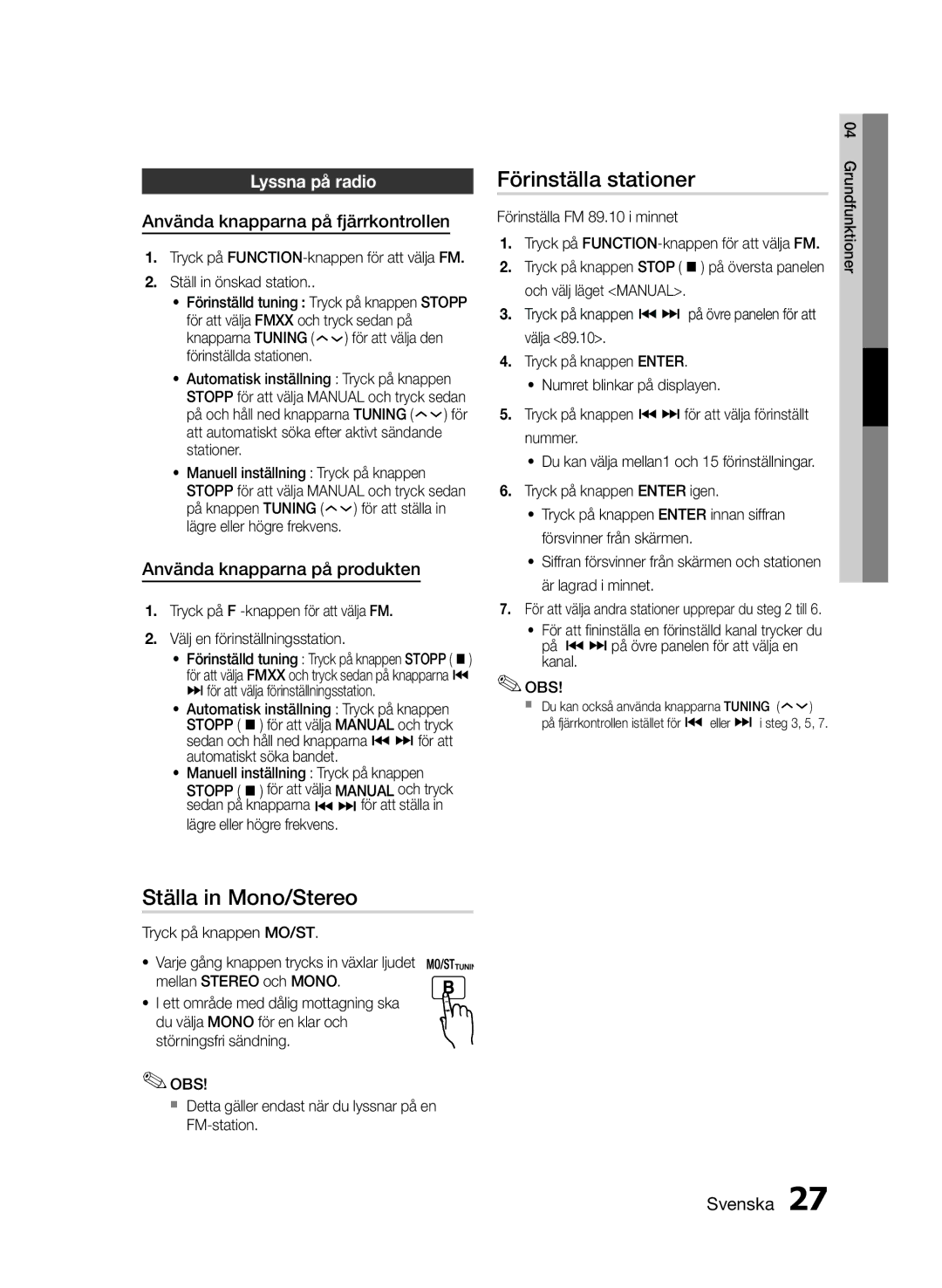 Samsung MM-E460D/XE Förinställa stationer, Ställa in Mono/Stereo, Lyssna på radio, Använda knapparna på fjärrkontrollen 