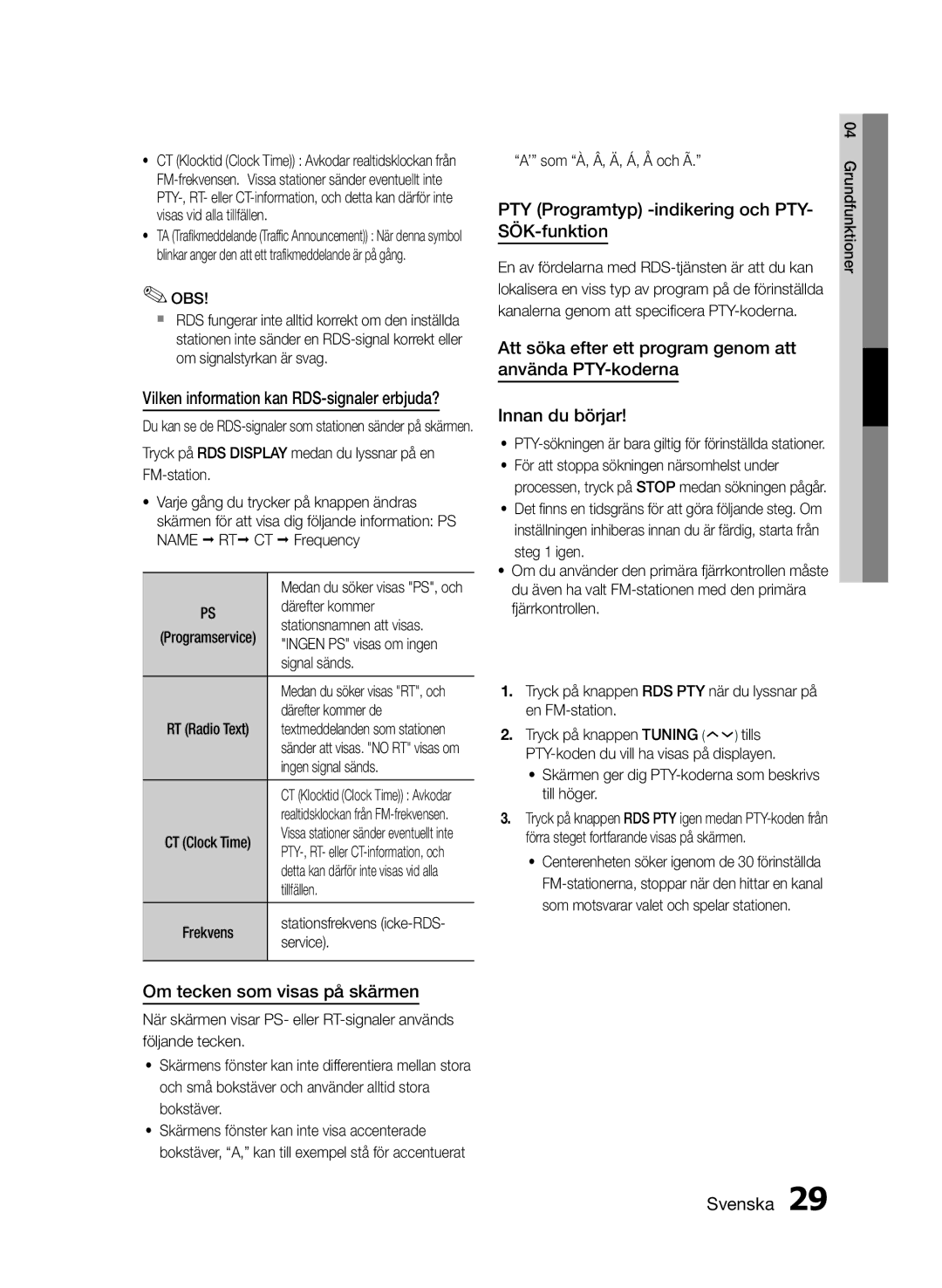 Samsung MM-E460D/XE manual Om tecken som visas på skärmen, PTY Programtyp -indikering och PTY- SÖK-funktion 