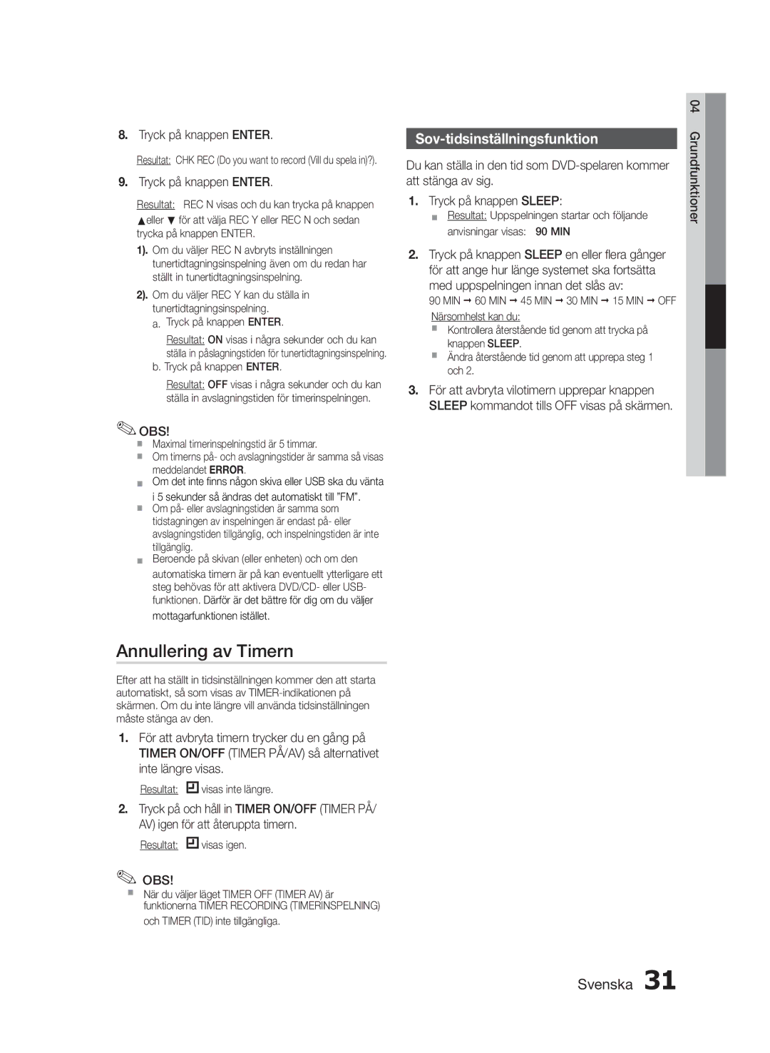 Samsung MM-E460D/XE manual Annullering av Timern, Sov-tidsinställningsfunktion, Mottagarfunktionen istället 