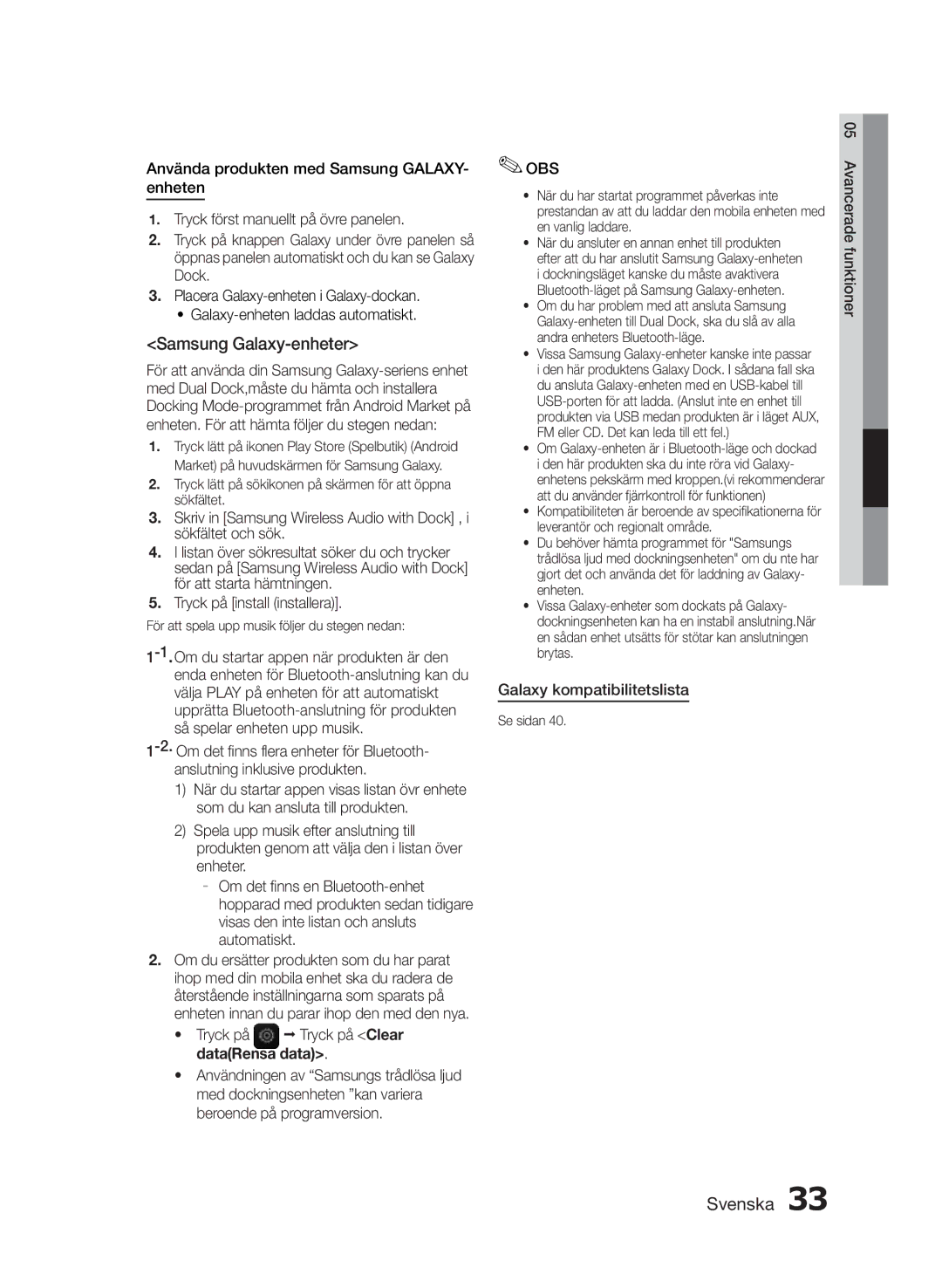 Samsung MM-E460D/XE manual Samsung Galaxy-enheter, Tryck på install installera, Tryck på Tryck på Clear dataRensa data 