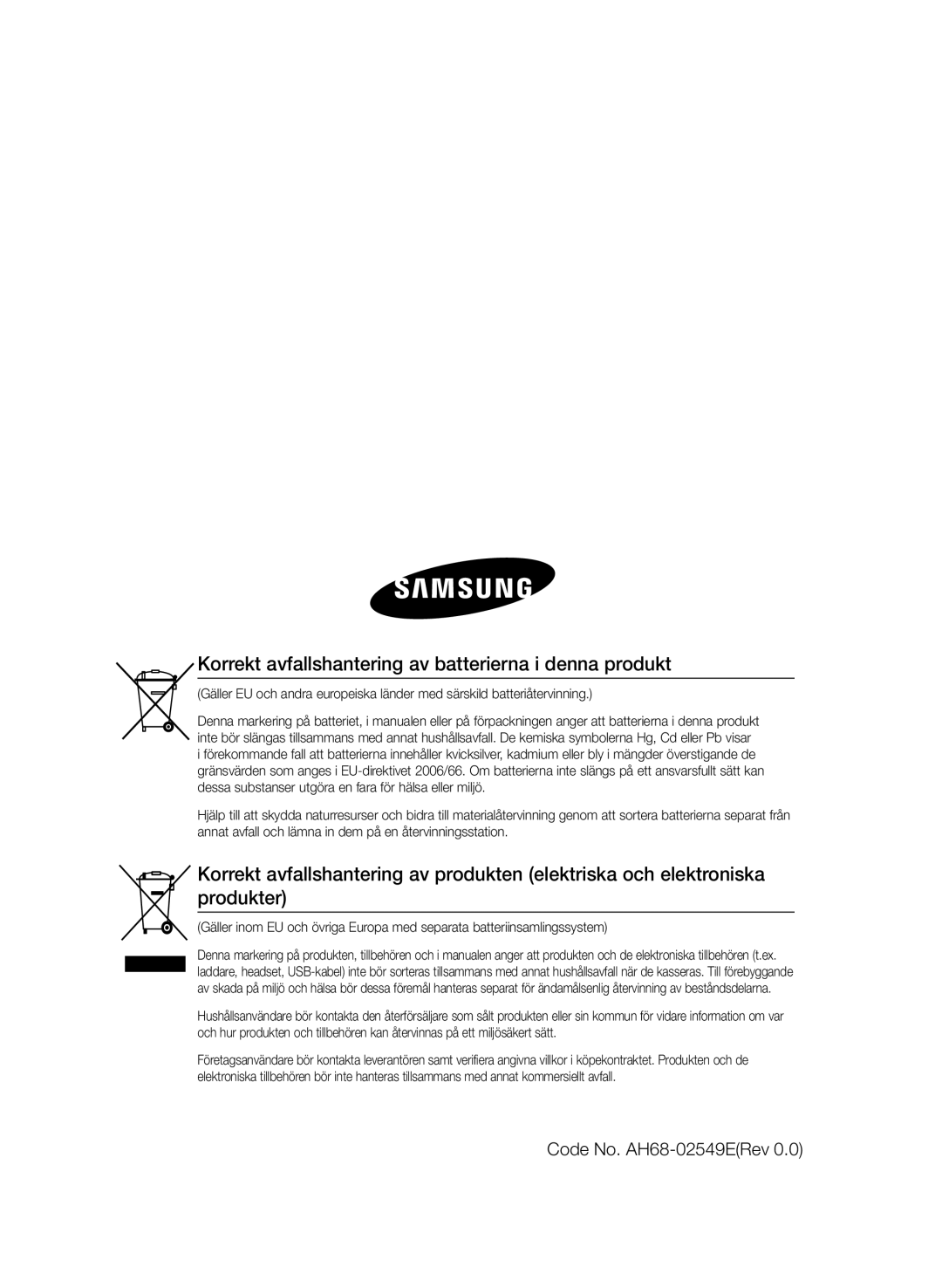 Samsung MM-E460D/XE manual Korrekt avfallshantering av batterierna i denna produkt, Code No. AH68-02549ERev 