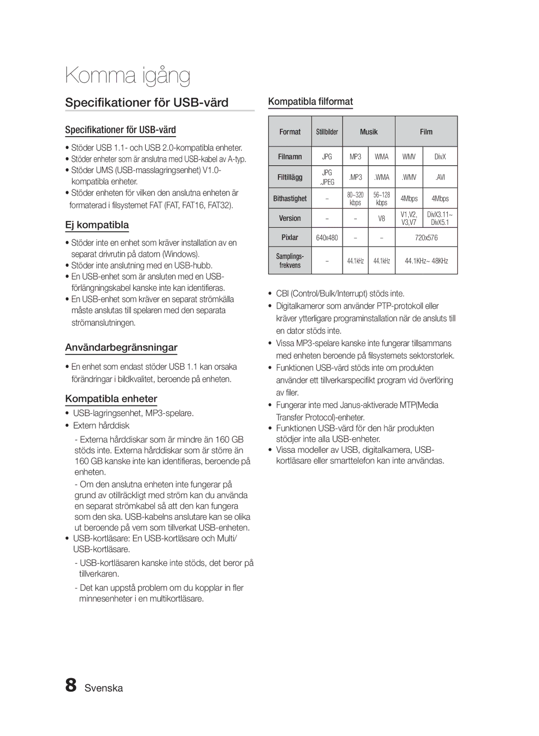 Samsung MM-E460D/XE manual Specifikationer för USB-värd 