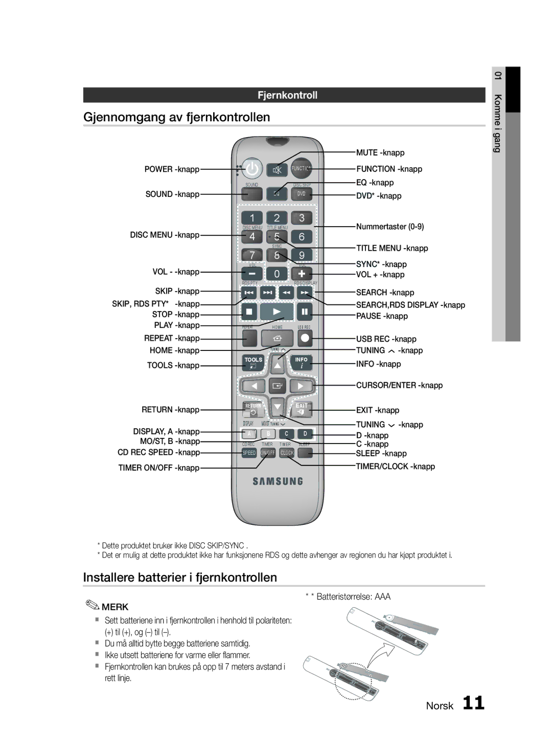 Samsung MM-E460D/XE manual Gjennomgang av fjernkontrollen, Installere batterier i fjernkontrollen, Fjernkontroll 