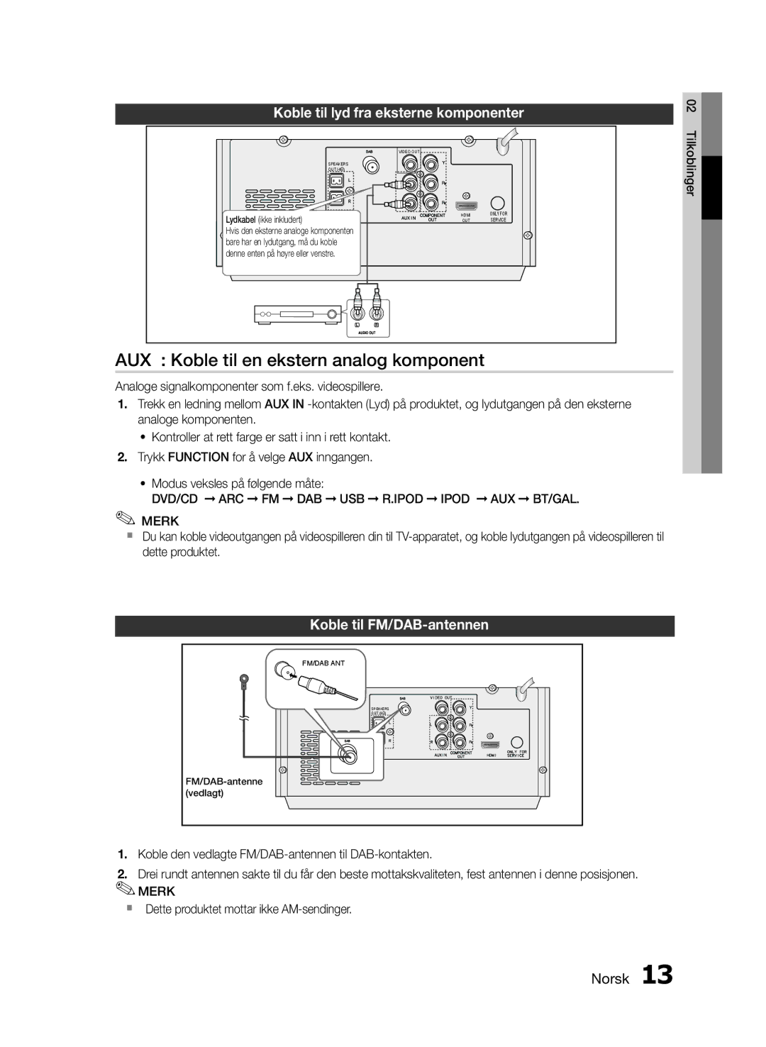 Samsung MM-E460D/XE manual AUX Koble til en ekstern analog komponent, Koble til lyd fra eksterne komponenter 