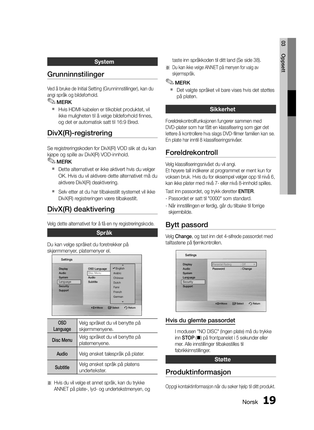 Samsung MM-E460D/XE manual Grunninnstilinger, DivXR-registrering, DivXR deaktivering, Foreldrekontroll, Bytt passord 