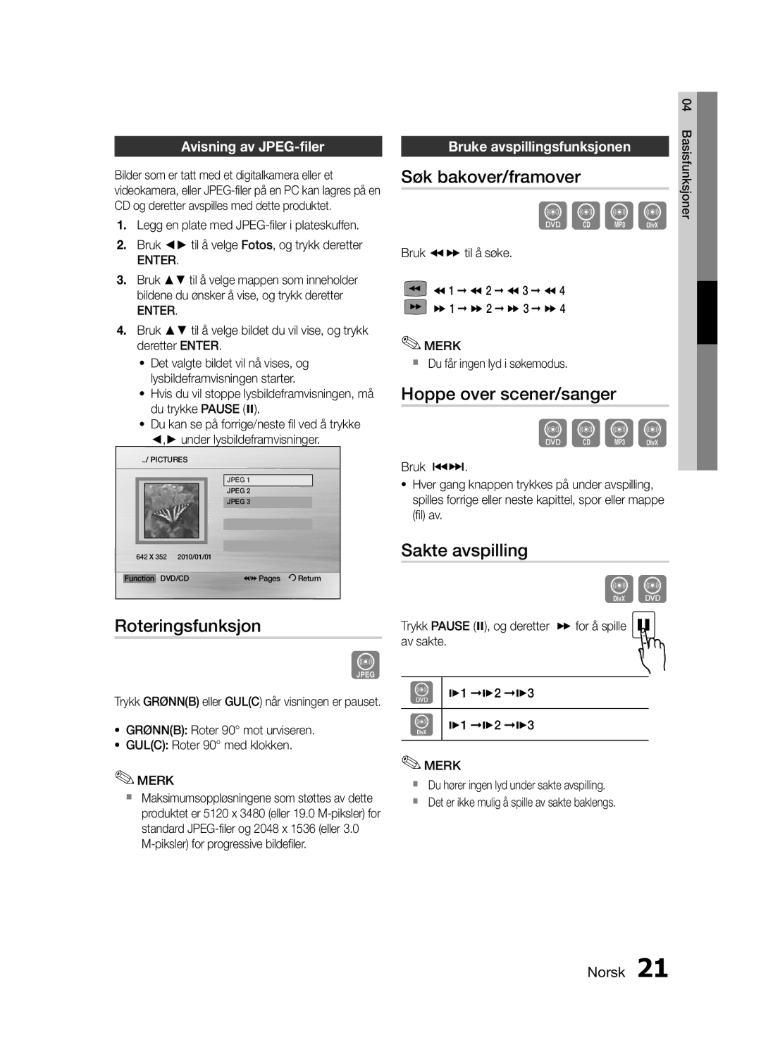 Samsung MM-E460D/XE manual Roteringsfunksjon, Søk bakover/framover, Hoppe over scener/sanger, Sakte avspilling 