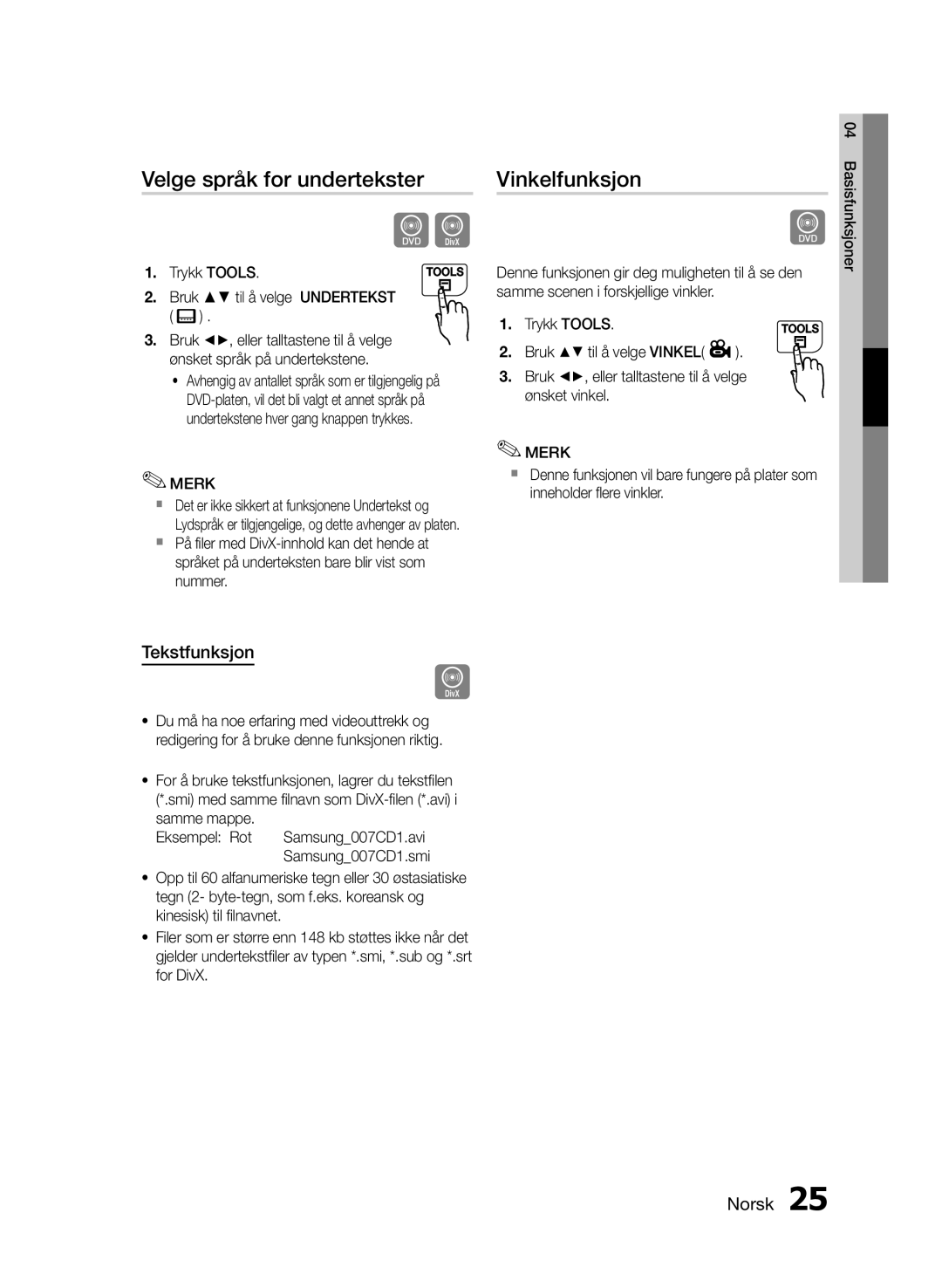 Samsung MM-E460D/XE Velge språk for undertekster, Vinkelfunksjon, Tekstfunksjon, Trykk Tools Bruk til å velge Undertekst 