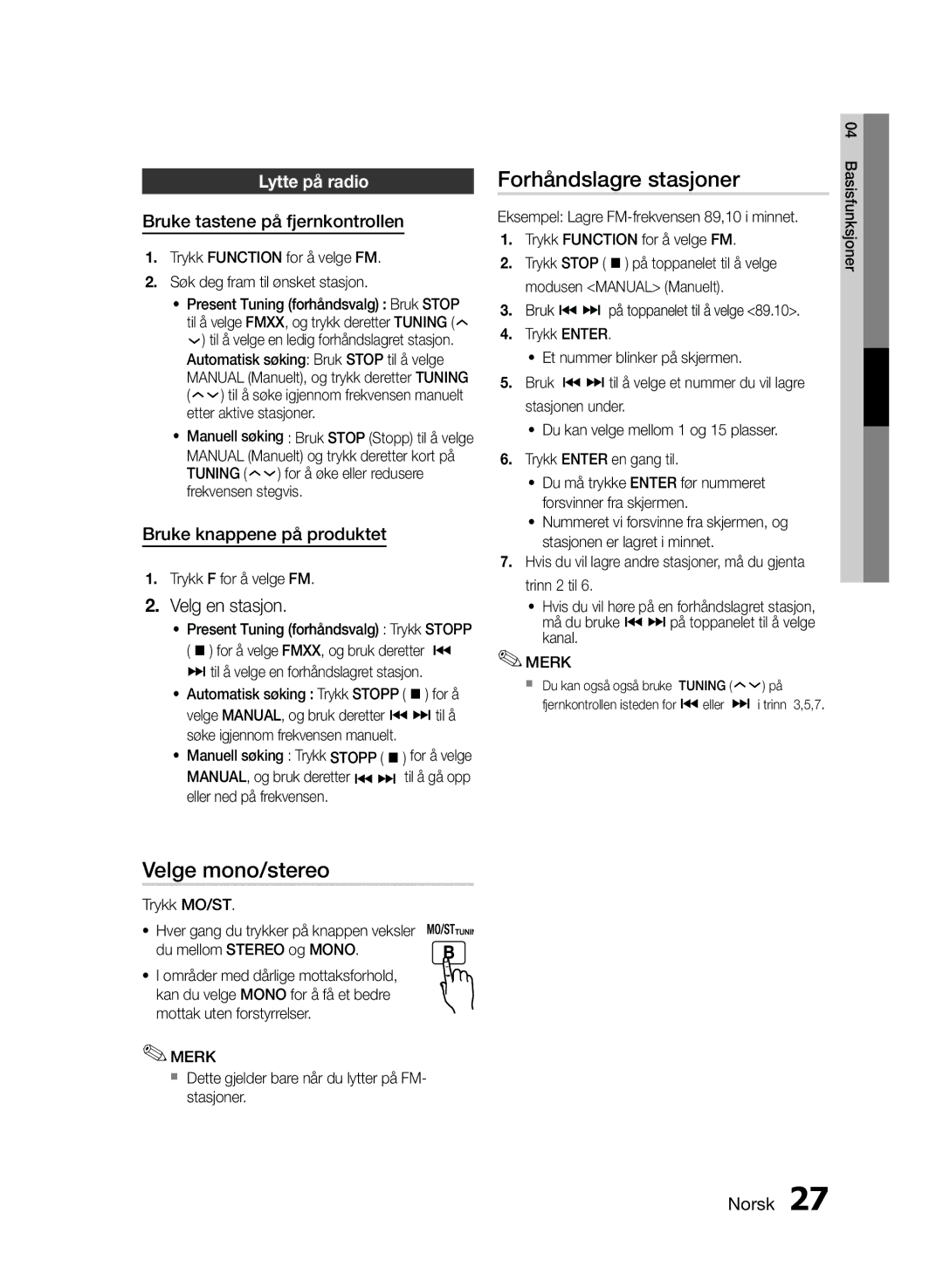 Samsung MM-E460D/XE manual Forhåndslagre stasjoner, Velge mono/stereo, Velg en stasjon, Lytte på radio 