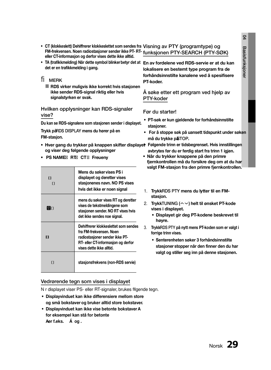 Samsung MM-E460D/XE manual Hvilken opplysninger kan RDS-signaler vise?, Vedrørende tegn som vises i displayet 