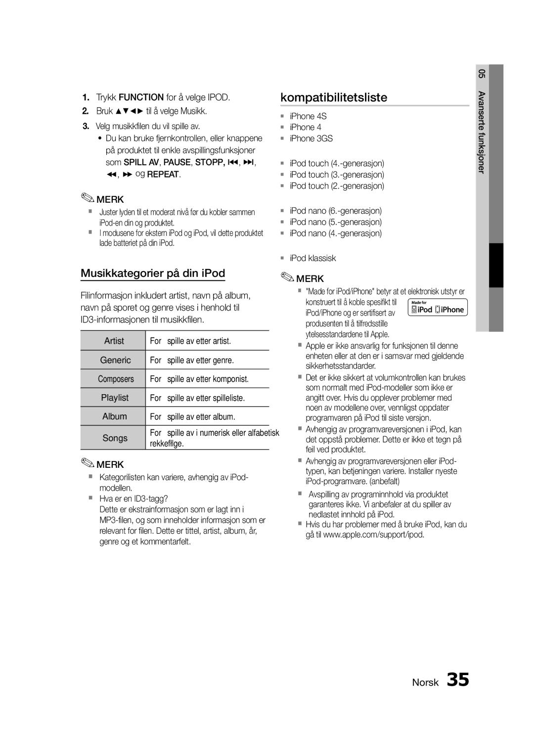 Samsung MM-E460D/XE manual Kompatibilitetsliste, Musikkategorier på din iPod 