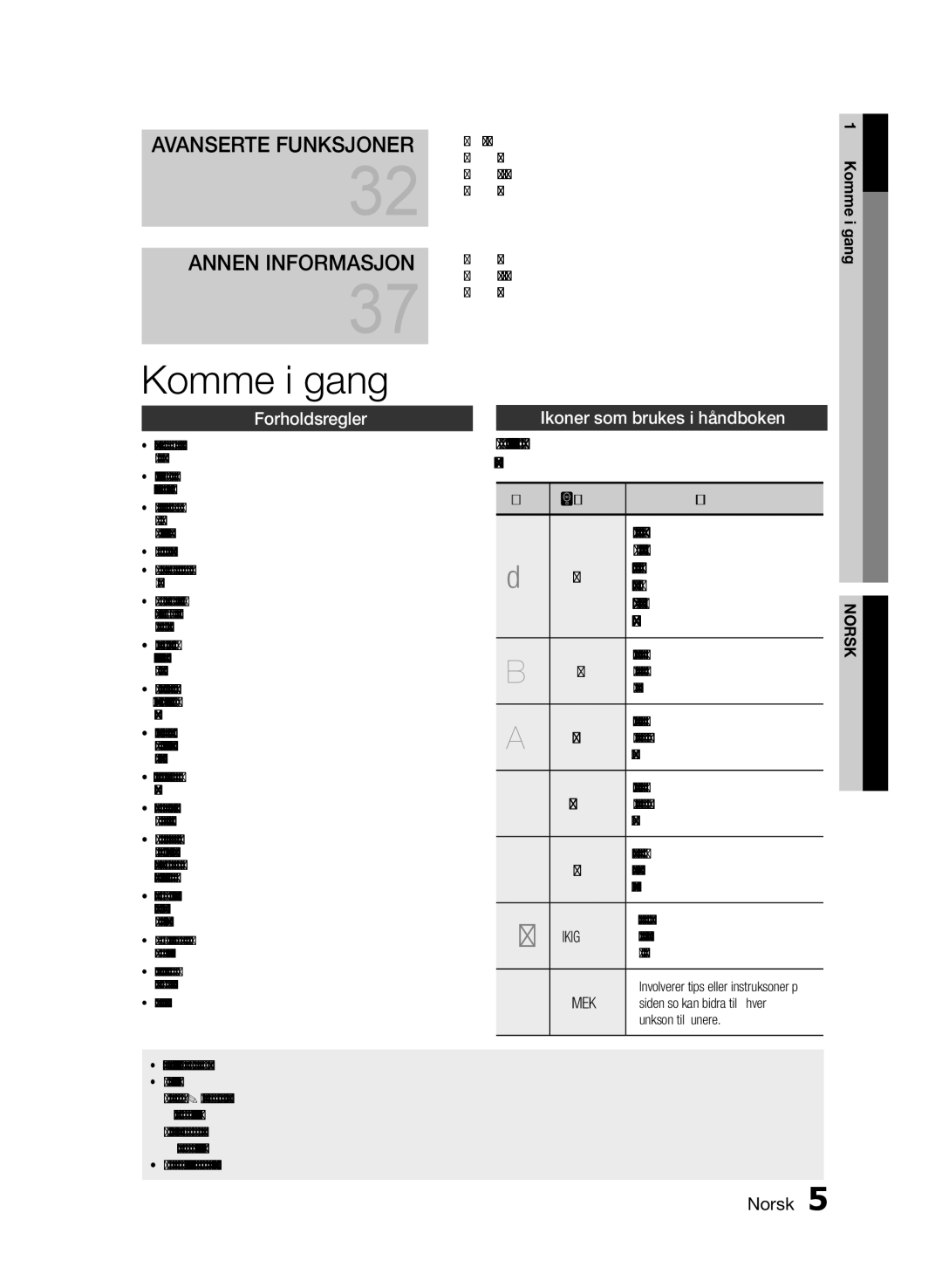 Samsung MM-E460D/XE manual Komme i gang, Forholdsregler, Ikoner som brukes i håndboken, MP3, Jpeg 