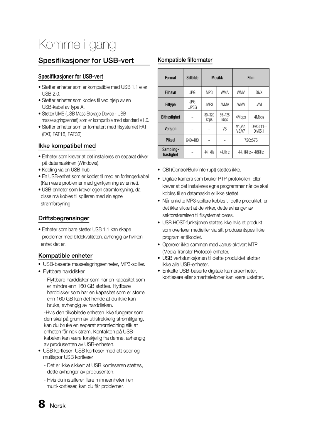 Samsung MM-E460D/XE manual Spesifikasjoner for USB-vert 