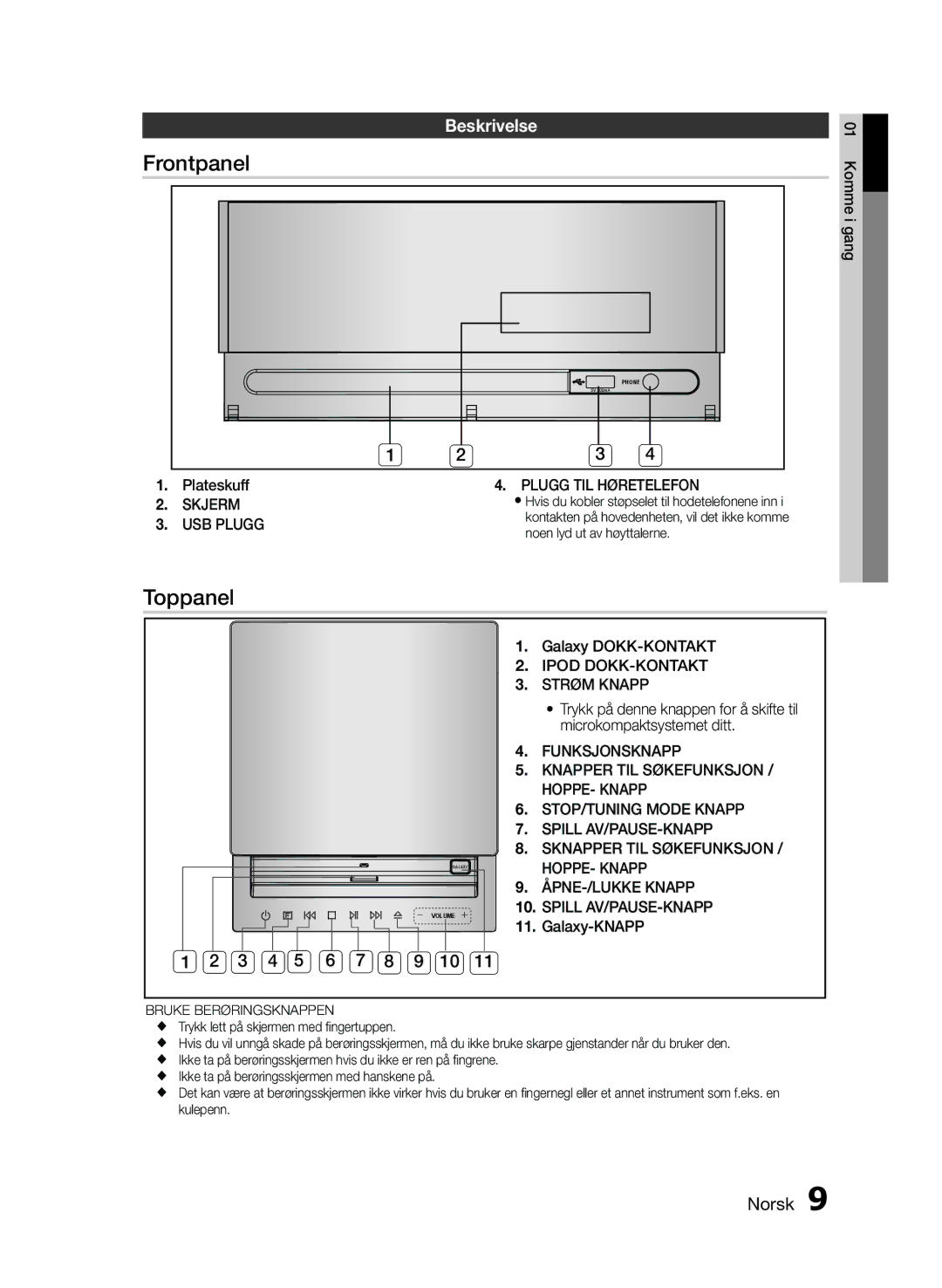 Samsung MM-E460D/XE manual Frontpanel, Toppanel, Beskrivelse, 3 4 5 6 7 8 9 10 