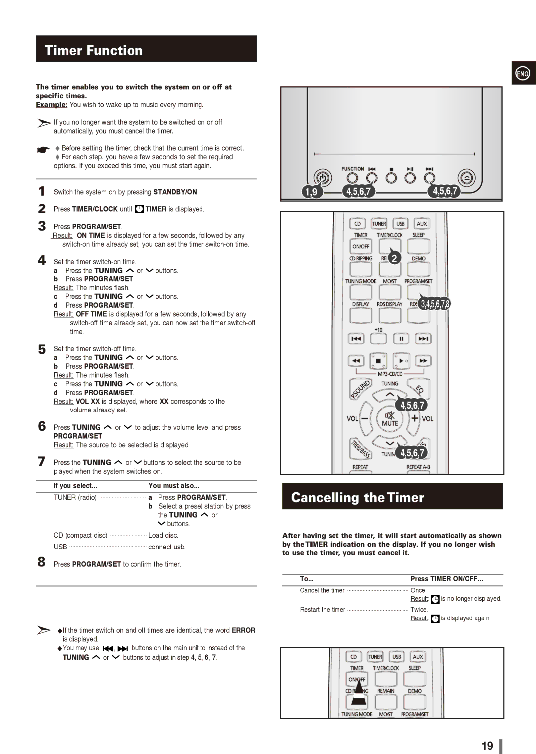 Samsung MM-G25T/XSA Timer Function, Cancelling the Timer, Press Timer/Clock until, If you select You must also, Tuning 