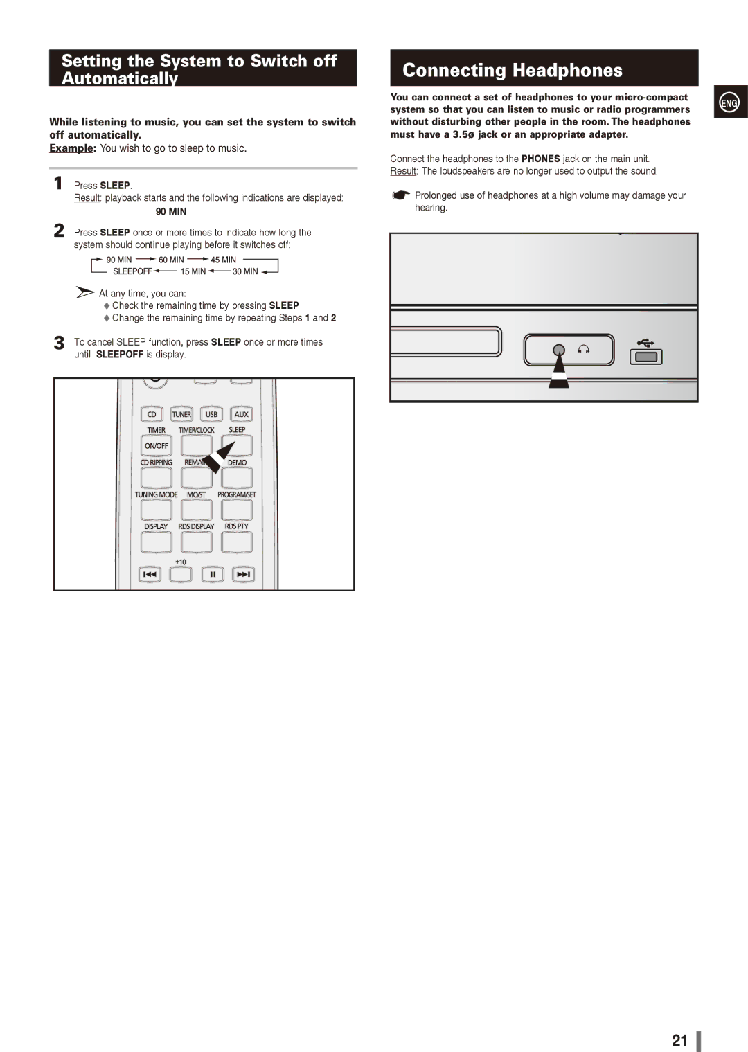 Samsung MM-G25R/XEF, MM-G25R/EDC, MM-G25R/XET Connecting Headphones, Setting the System to Switch off Automatically, 90 MIN 