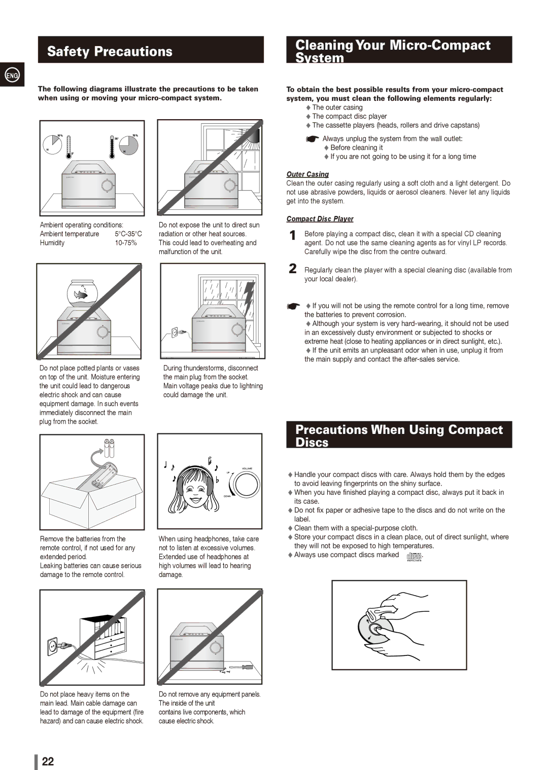 Samsung MM-G25R/XET manual Safety Precautions, Cleaning Your Micro-Compact System, Precautions When Using Compact Discs 