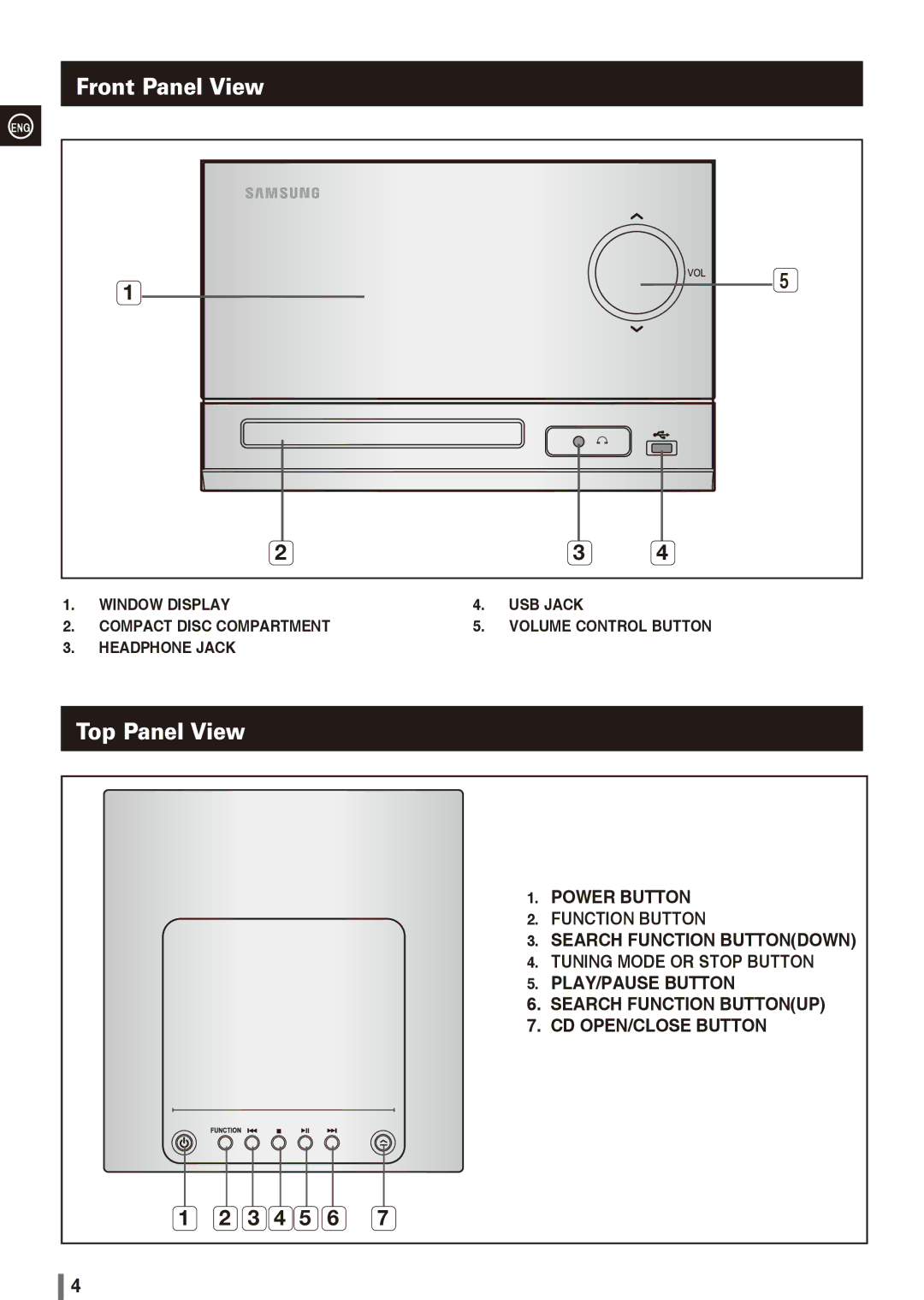 Samsung MM-G25T/XSA, MM-G25R/EDC, MM-G25R/XEF, MM-G25R/XET, MM-G25T/MEA manual Front Panel View, Top Panel View 