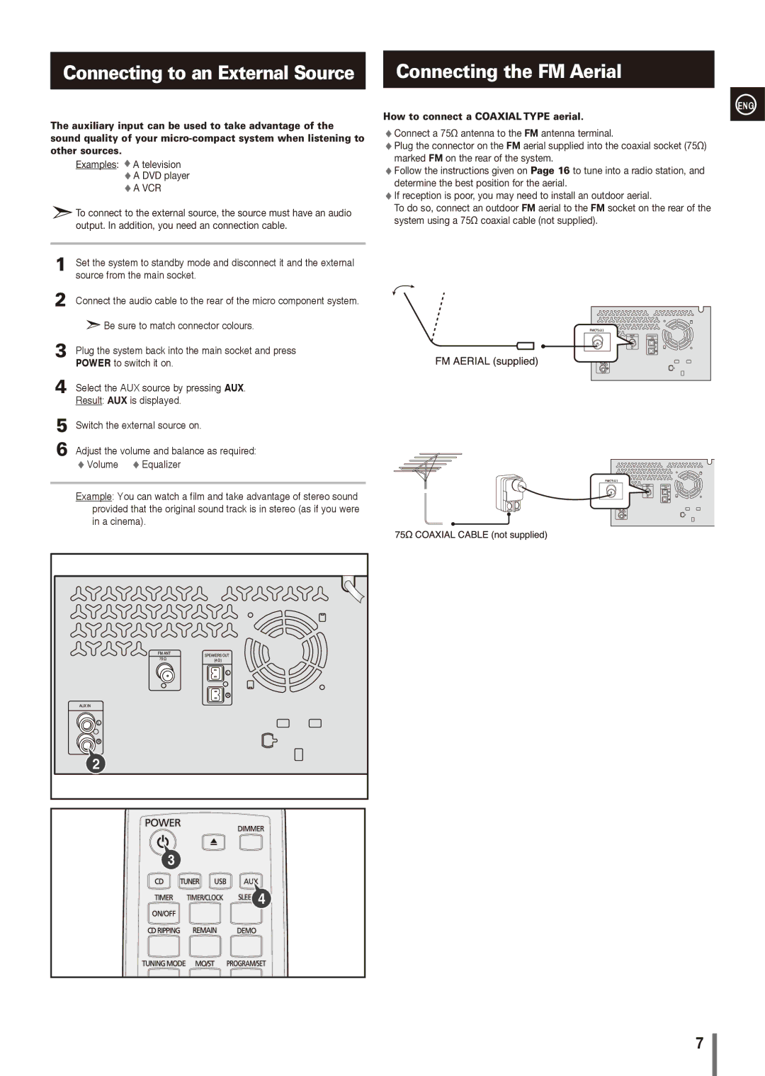 Samsung MM-G25R/XET manual Connecting to an External Source, Connecting the FM Aerial, How to connect a Coaxial Type aerial 