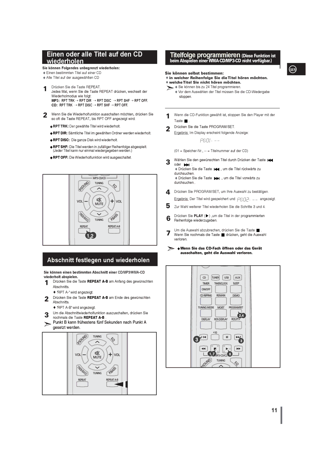 Samsung MM-G25R/EDC manual Einen oder alle Titel auf den CD wiederholen, Sie können Folgendes unbegrenzt wiederholen 